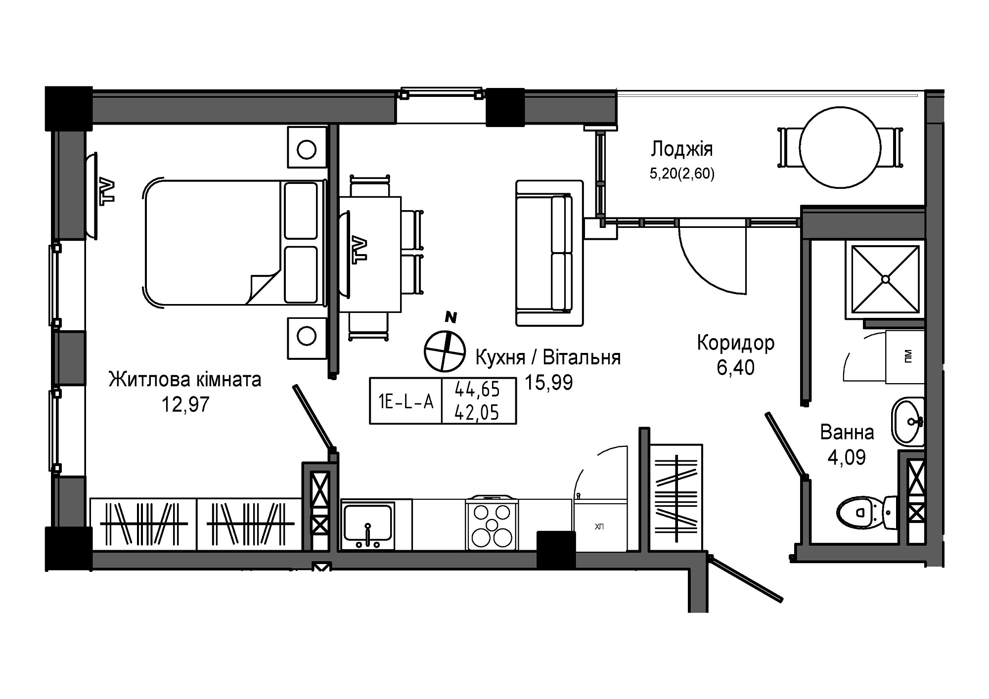 Планування 1-к квартира площею 42.05м2, UM-006-09/0018.