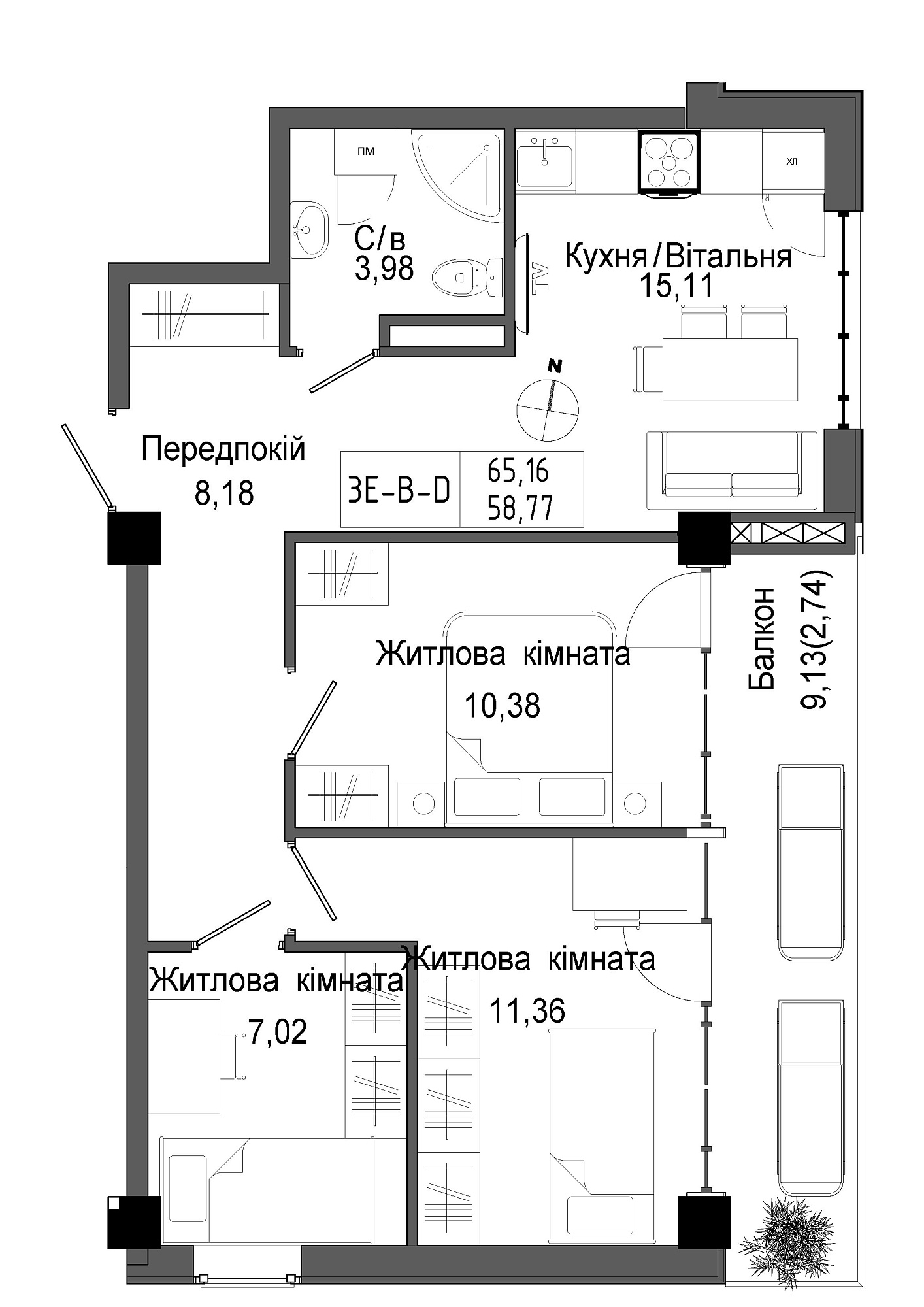 Планування 3-к квартира площею 58.77м2, UM-006-09/0004.