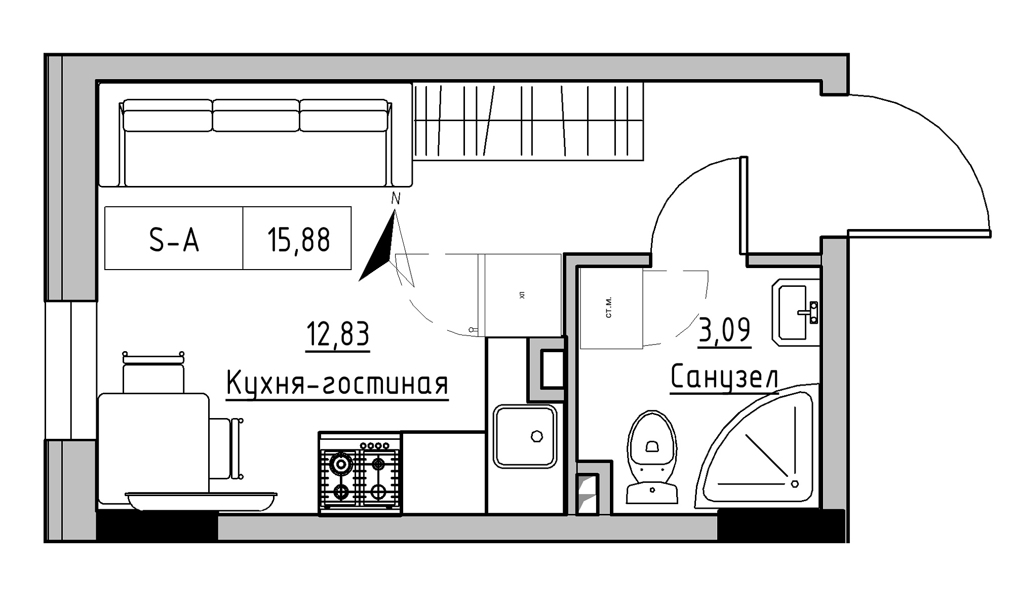 Планування Smart-квартира площею 15.88м2, KS-025-01/0005.