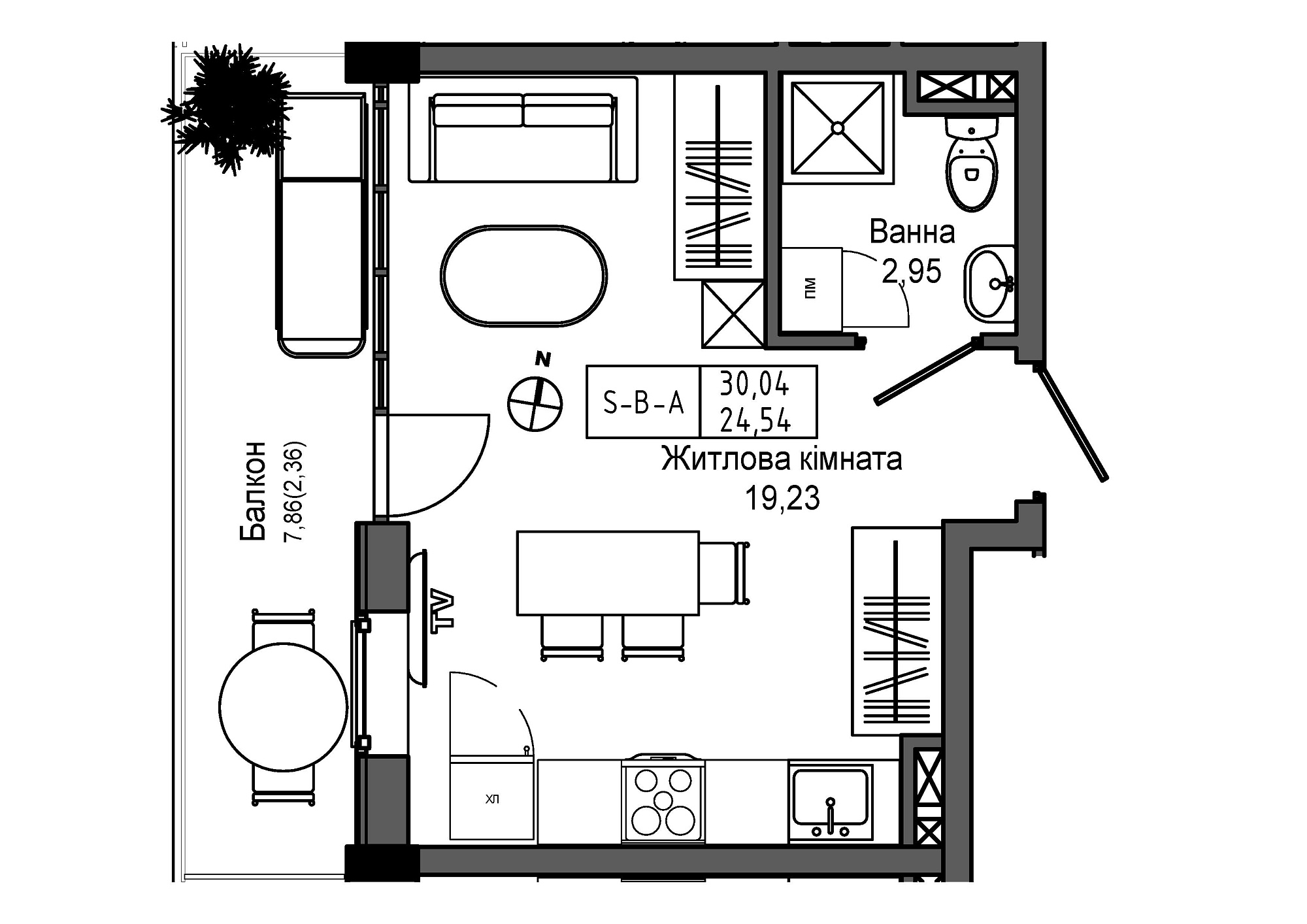 Планування Smart-квартира площею 24.54м2, UM-006-02/0009.