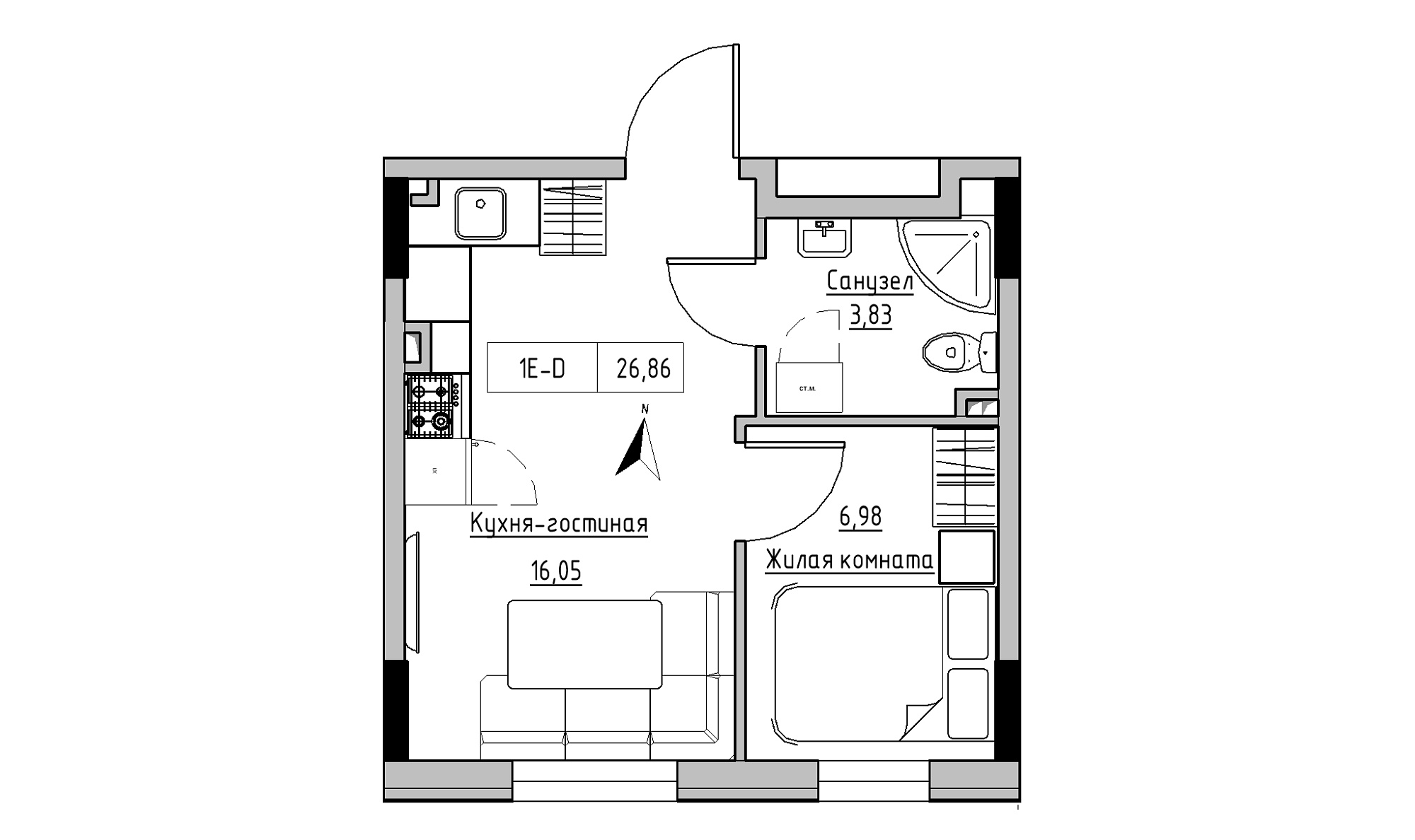 Планування 1-к квартира площею 26.86м2, KS-025-01/0012.
