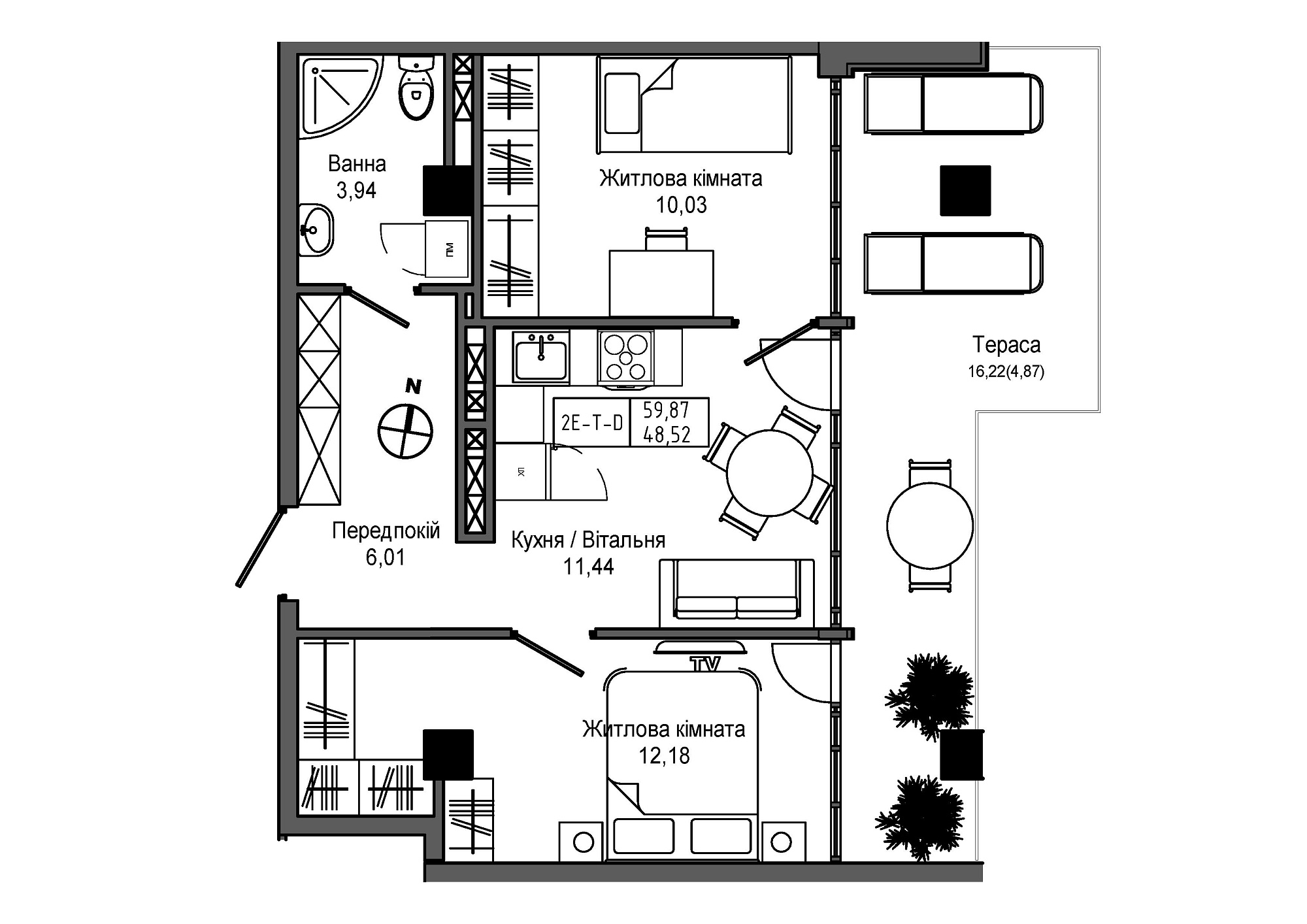 Planning 2-rm flats area 48.52m2, UM-006-08/0023.