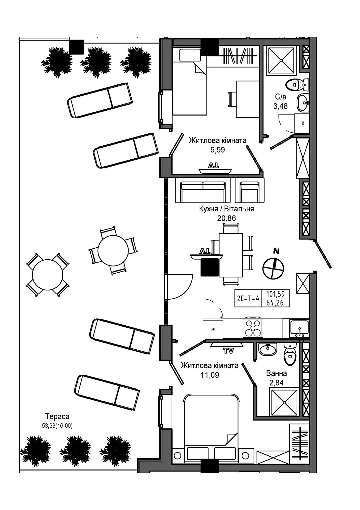 Планування 2-к квартира площею 64.26м2, UM-006-04/0014.