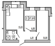 Планировка 2-к квартира площей 38.2м2, KS-01А-04/0002.