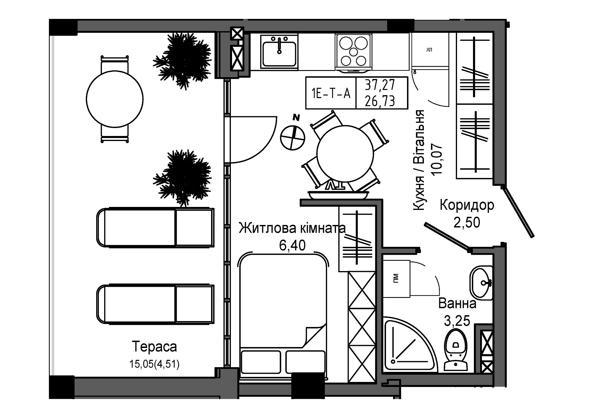 Планування 1-к квартира площею 26.73м2, UM-006-09/0017.
