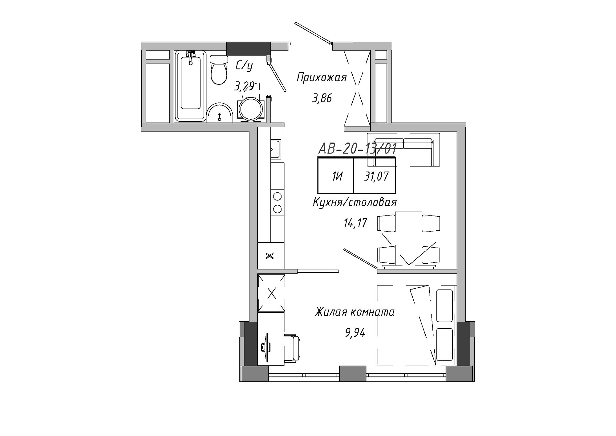 Планировка 1-к квартира площей 31.07м2, AB-20-13/00101.