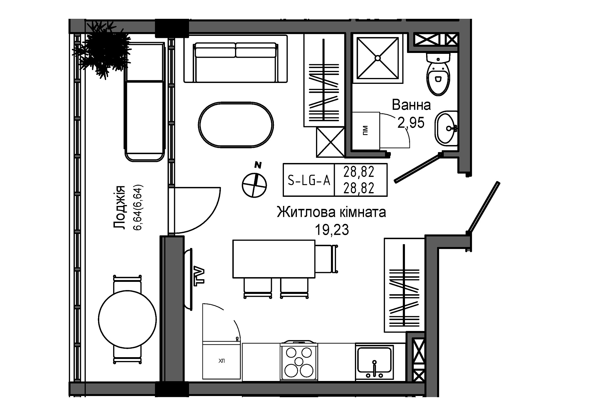 Planning Smart flats area 28.82m2, UM-006-00/0009.