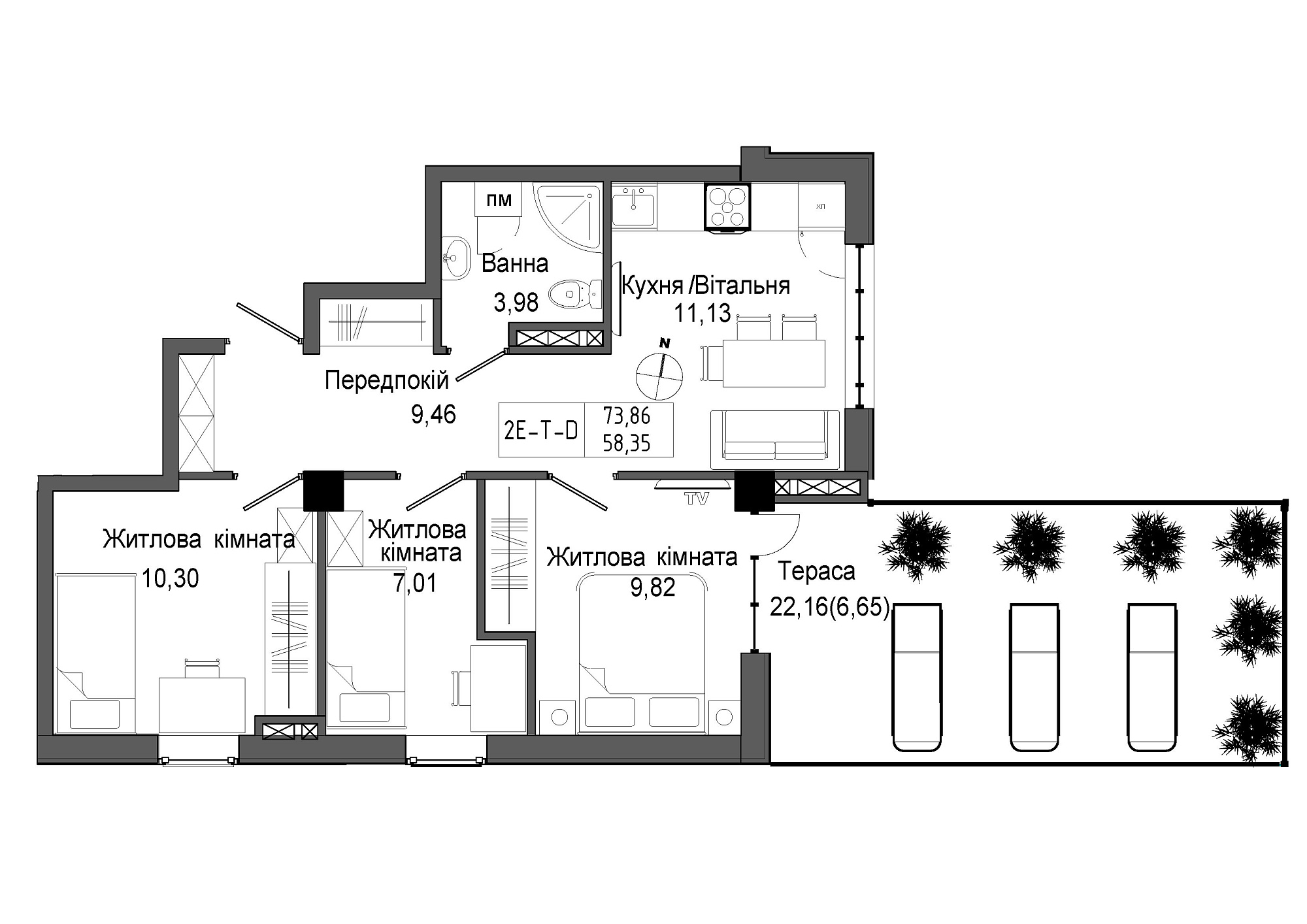 Планування 3-к квартира площею 58.35м2, UM-006-07/0006.