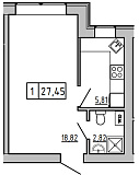 Планировка 1-к квартира площей 27.45м2, KS-01B-02/0004.