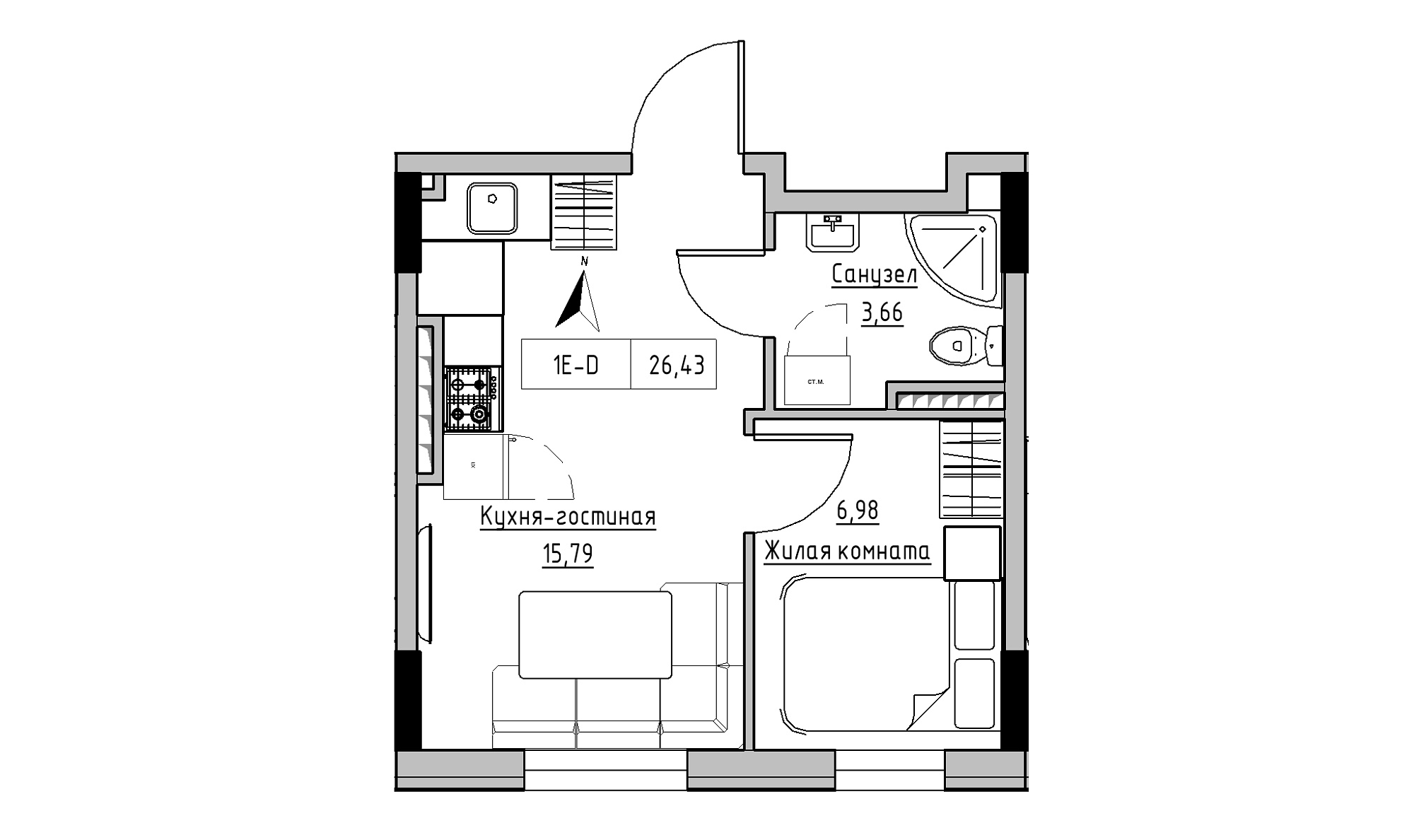 Planning 1-rm flats area 26.43m2, KS-025-05/0013.