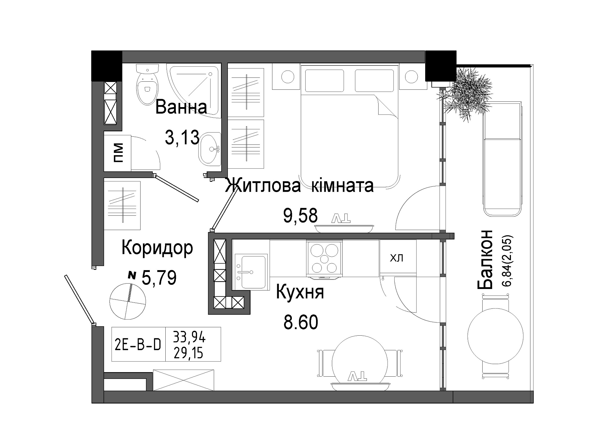 Планировка 1-к квартира площей 29.15м2, UM-006-08/0003.