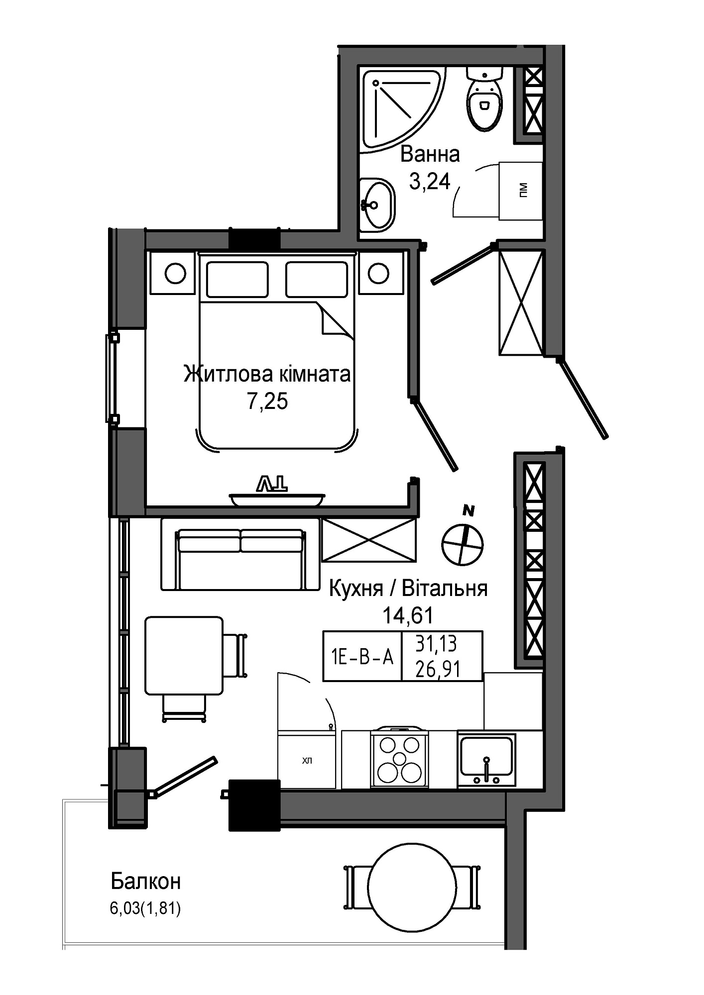 Планировка 1-к квартира площей 26.91м2, UM-006-06/0015.
