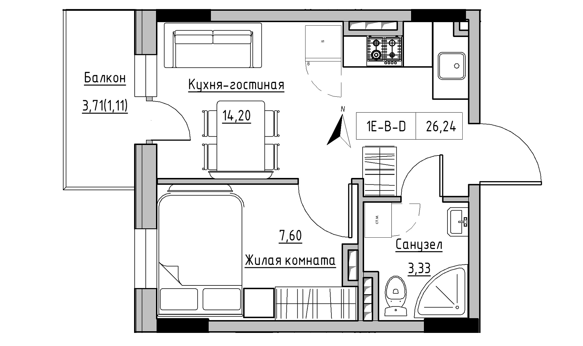 Планировка 1-к квартира площей 26.24м2, KS-025-04/0005.