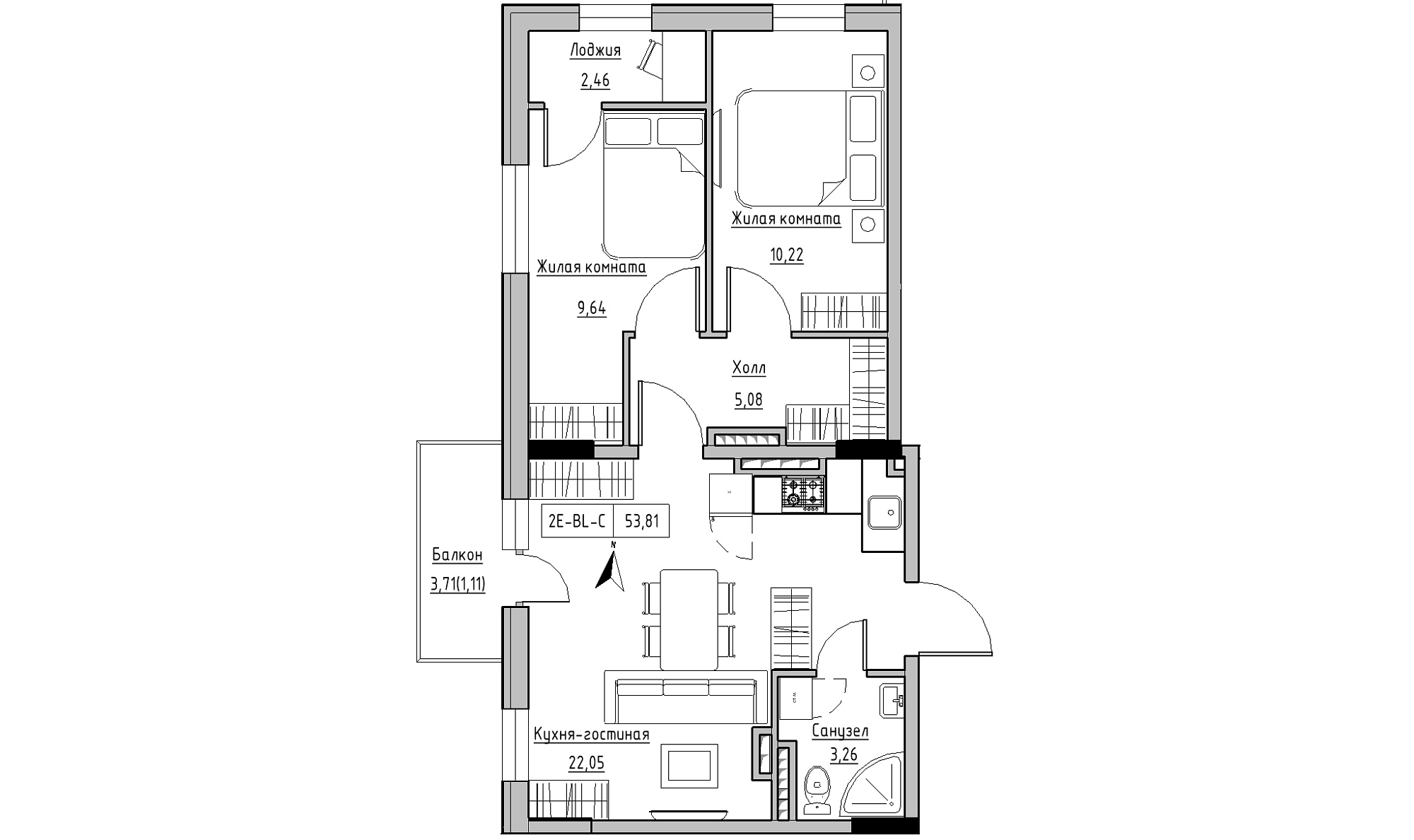 Планування 2-к квартира площею 53.81м2, KS-025-06/0005.