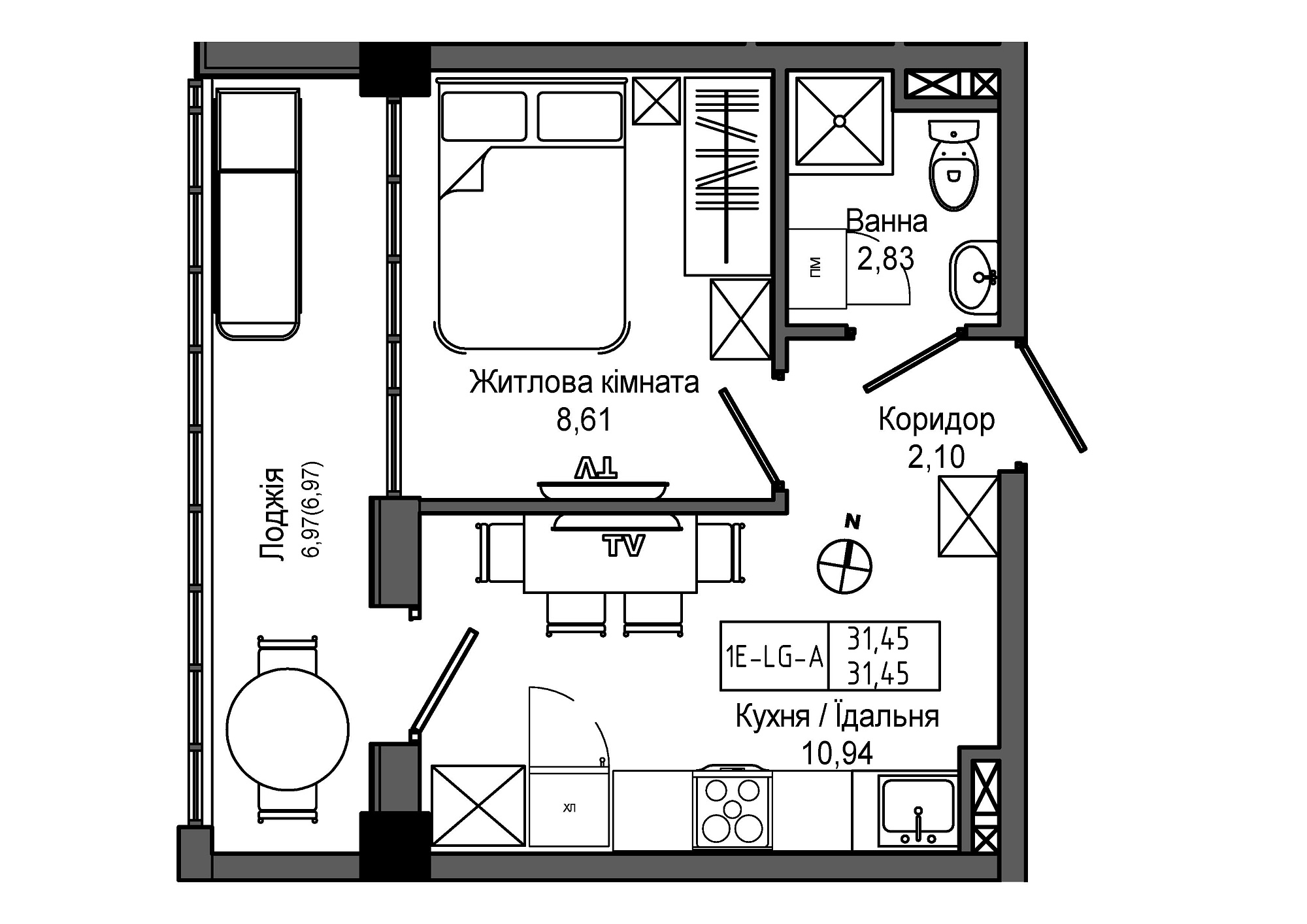 Планировка 1-к квартира площей 31.45м2, UM-006-00/0011.
