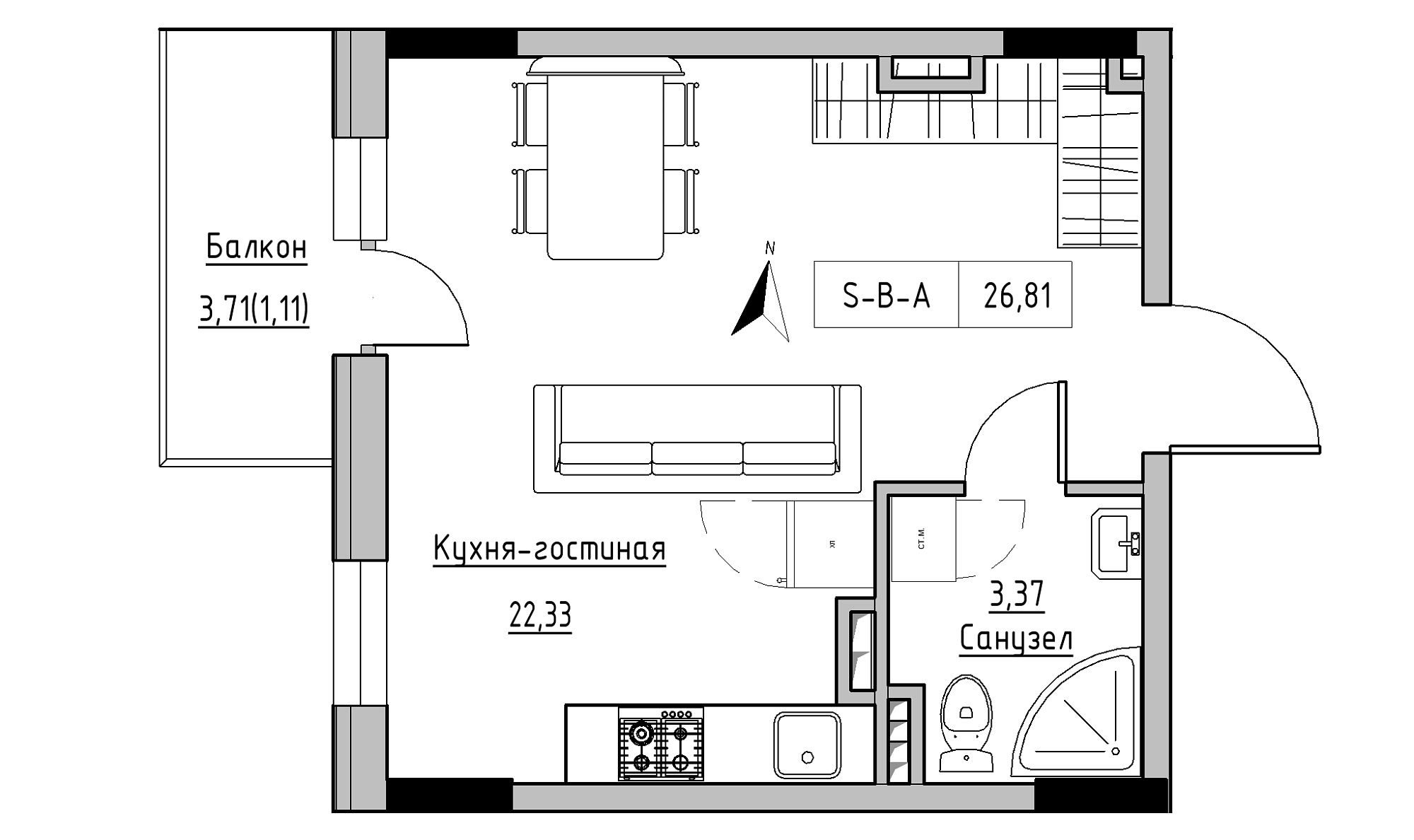 Planning 1-rm flats area 26.4m2, KS-025-03/0005.