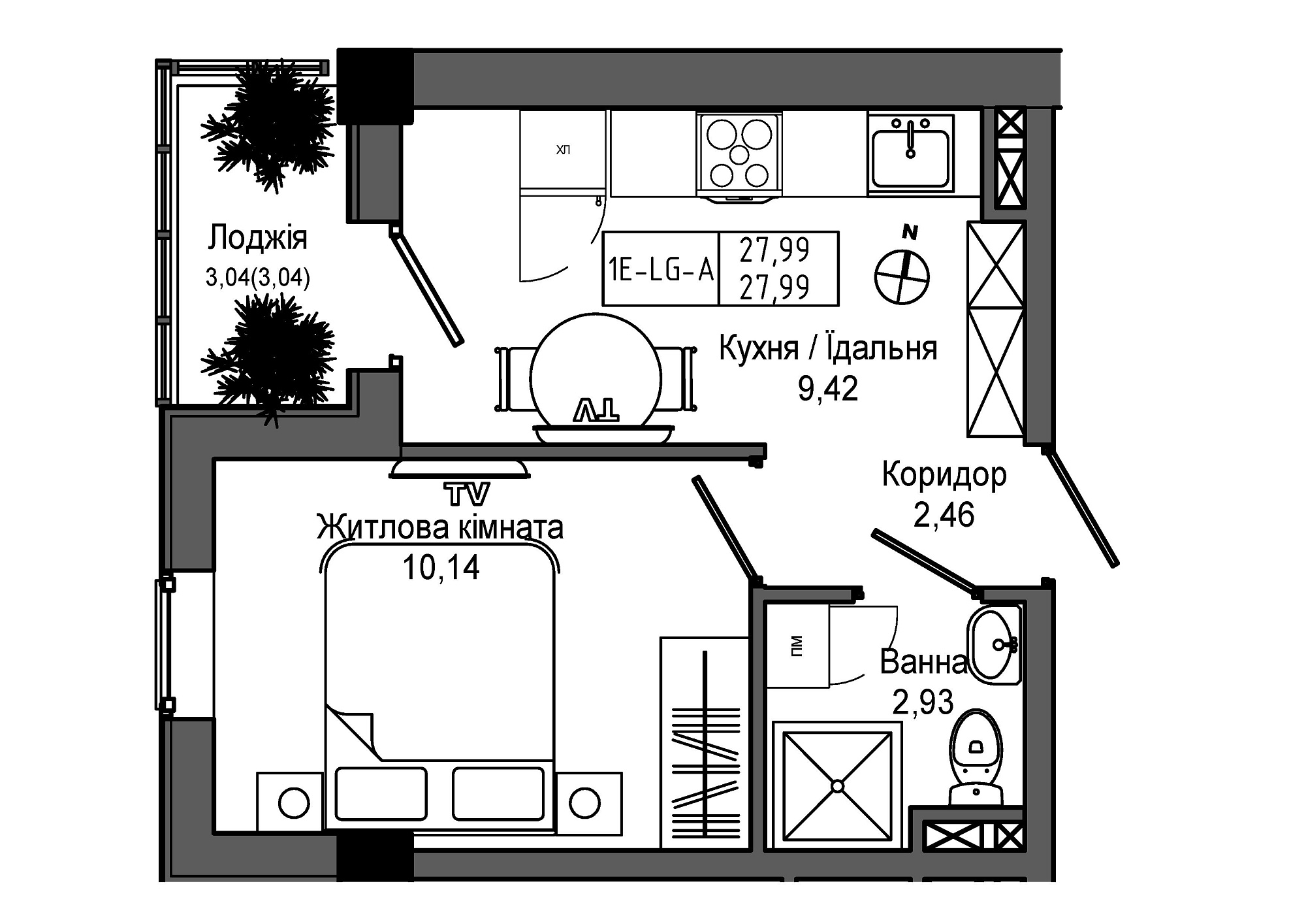 Планировка 1-к квартира площей 27.99м2, UM-006-00/0012.