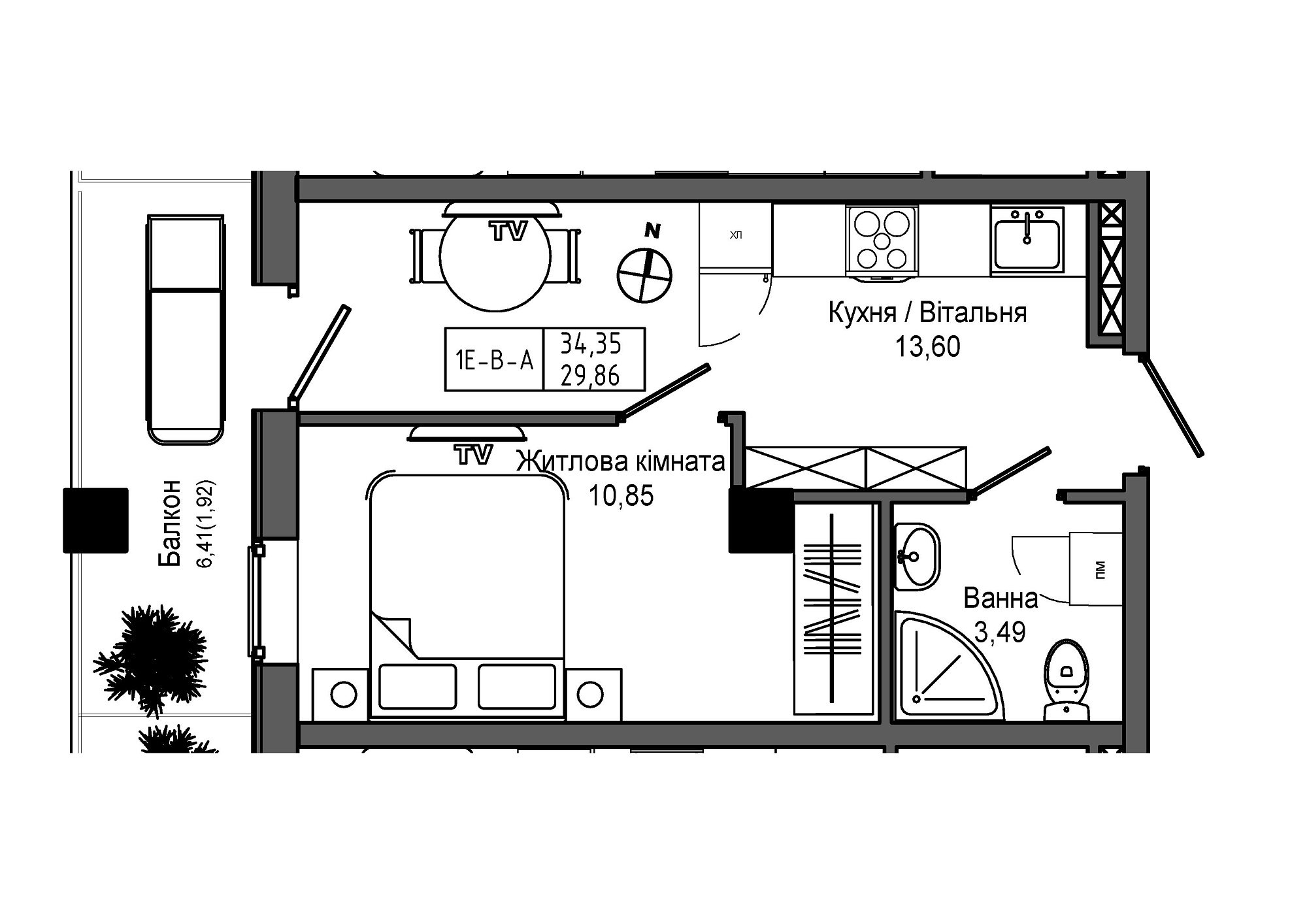 Планування 1-к квартира площею 29.86м2, UM-006-01/0014.
