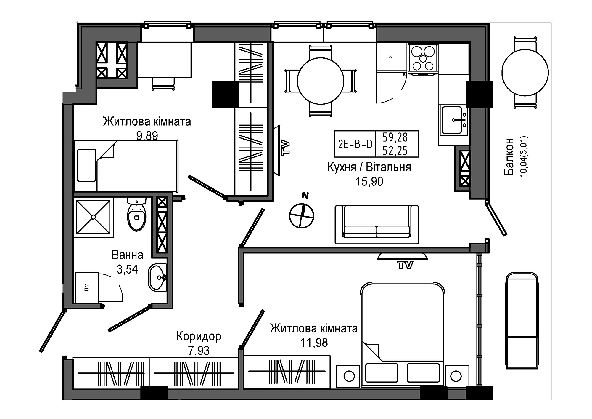 Планування 2-к квартира площею 52.25м2, UM-006-07/0020.