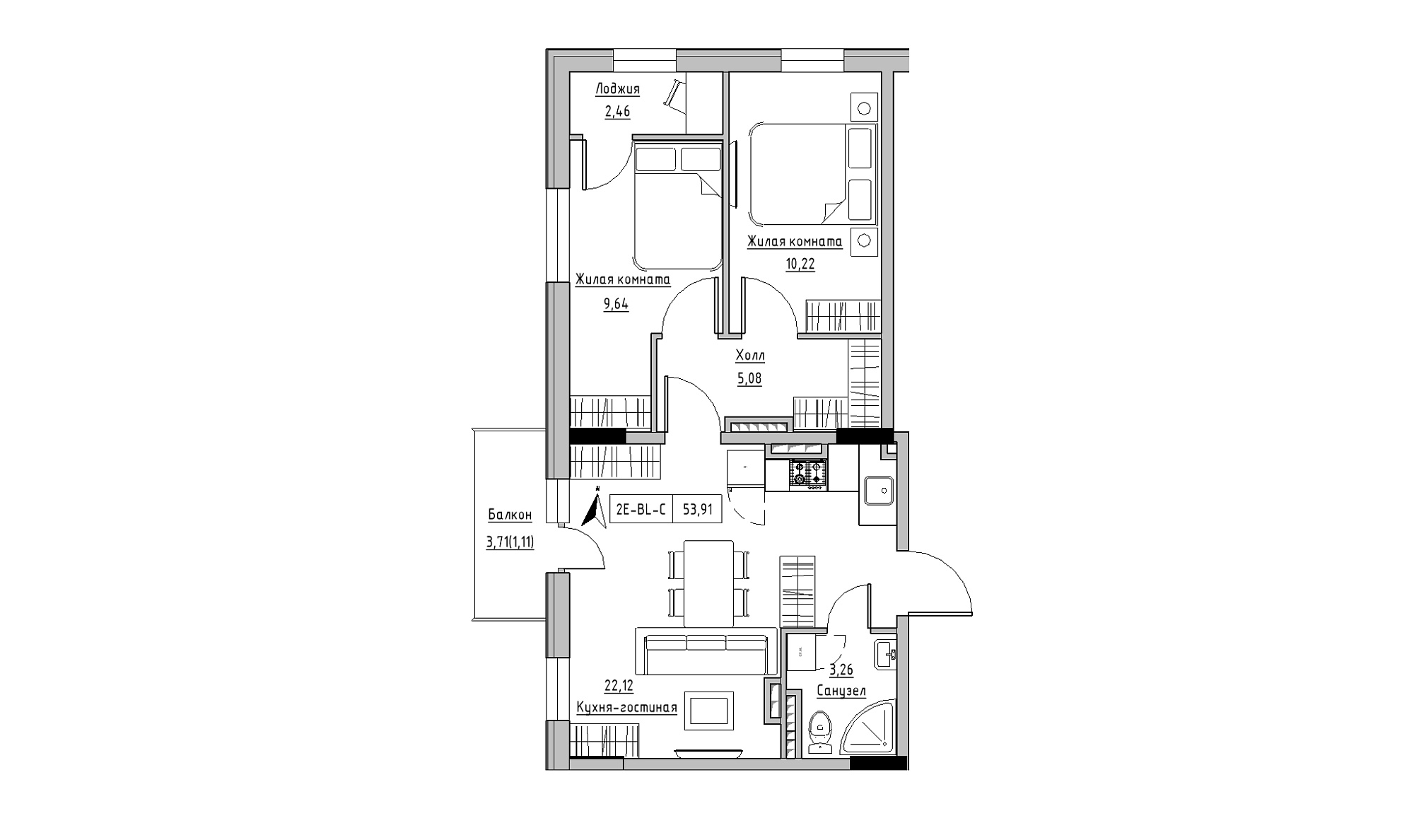 Планировка 2-к квартира площей 53.91м2, KS-025-05/0005.