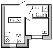 Планировка 1-к квартира площей 25.51м2, KS-01B-01/0006.
