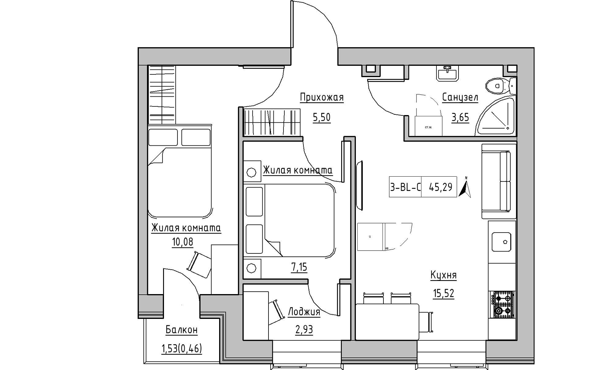 Планировка 2-к квартира площей 45.29м2, KS-016-04/0008.