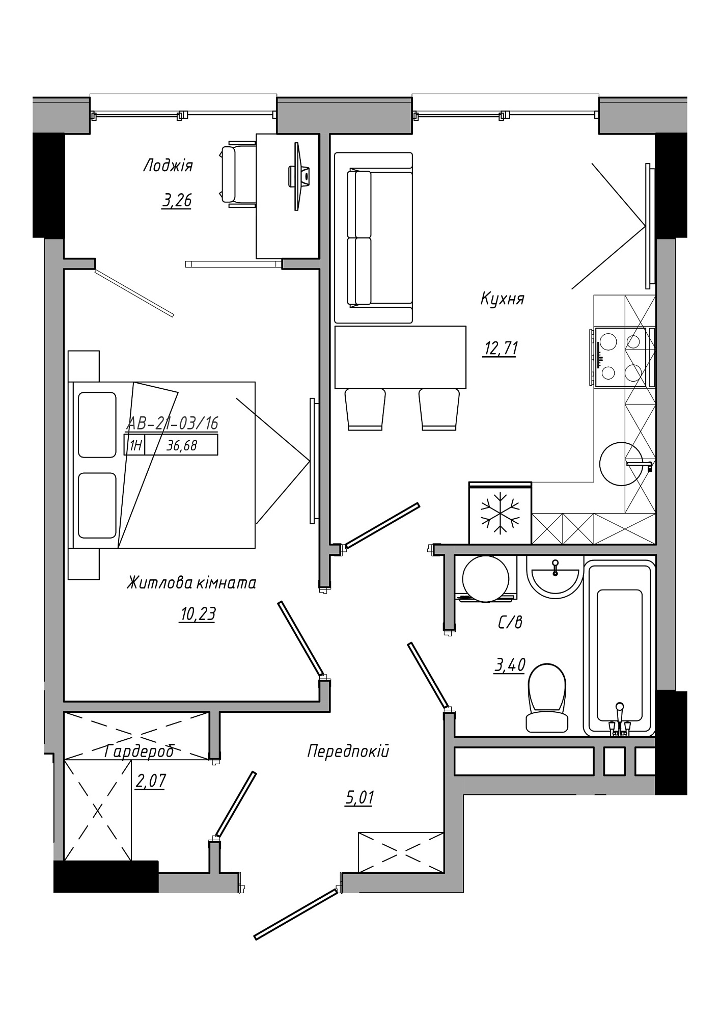 Планування 1-к квартира площею 36.68м2, AB-21-03/00016.