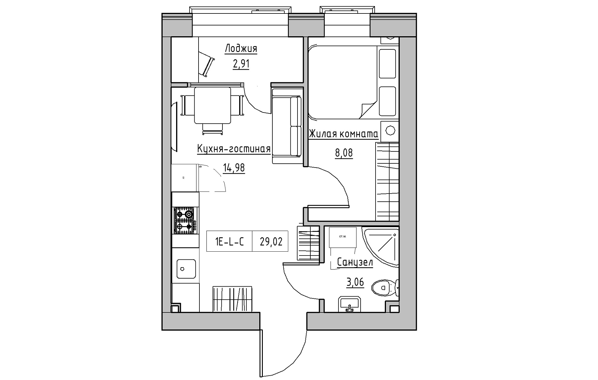 Планировка 1-к квартира площей 29.01м2, KS-018-02/0007.