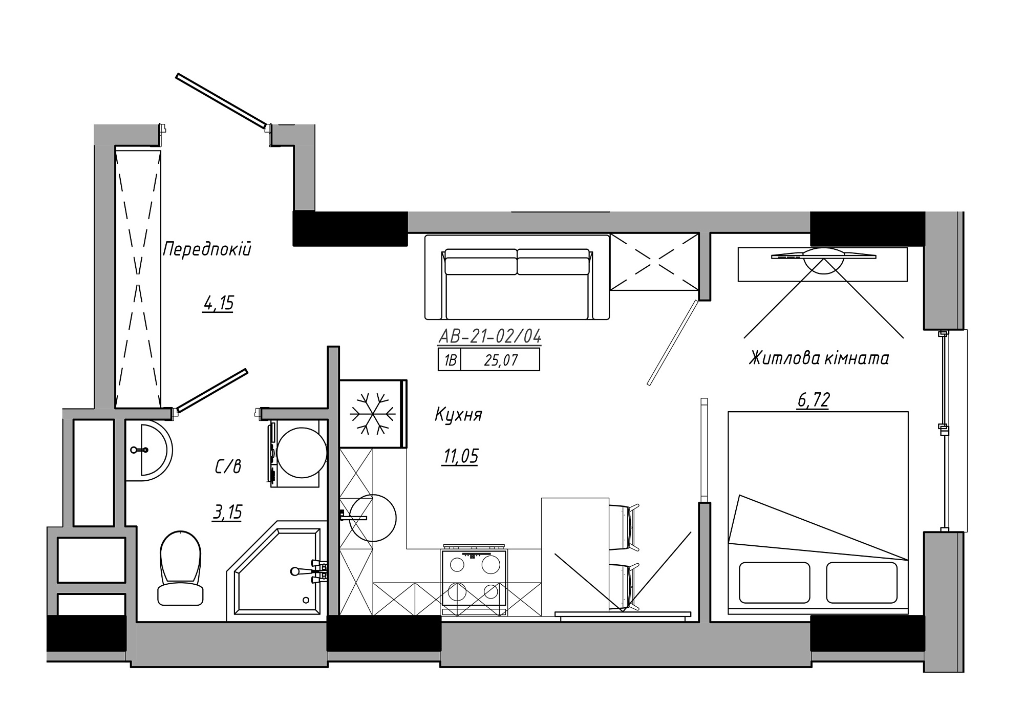 Планування 1-к квартира площею 25.07м2, AB-21-02/00004.