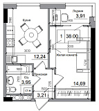Планировка 1-к квартира площей 38м2, AB-05-09/00007.