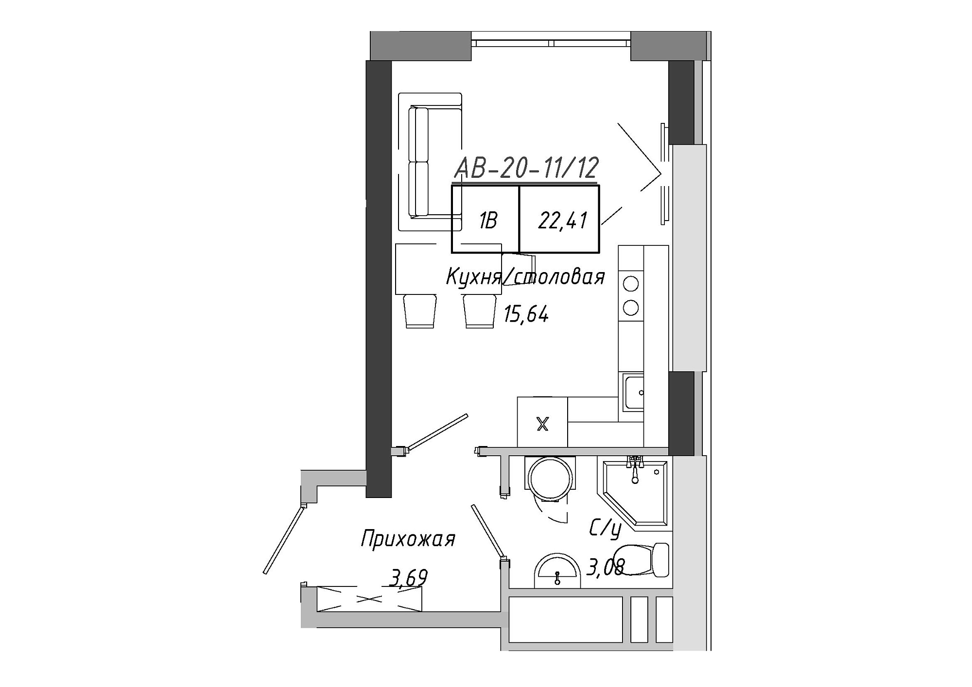 Планування Smart-квартира площею 21.87м2, AB-20-11/00012.