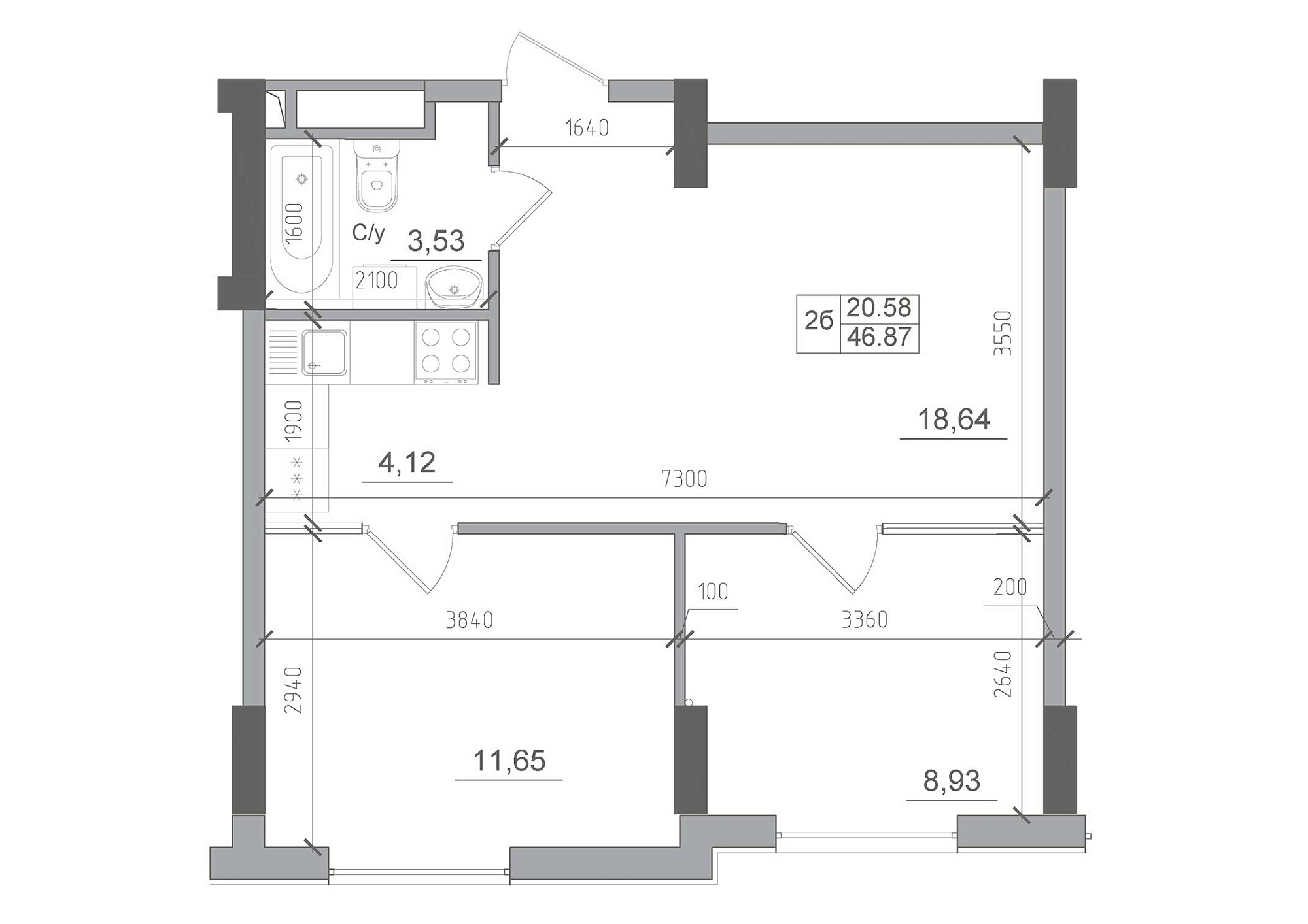 Планировка 2-к квартира площей 46.87м2, AB-22-05/00008.