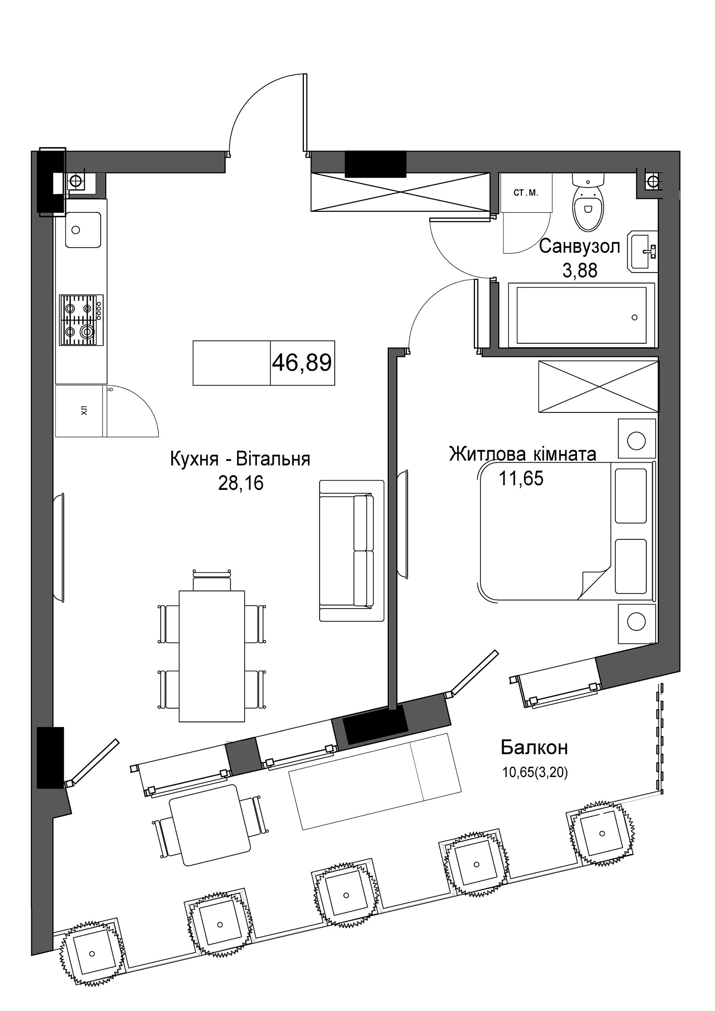 Планировка 1-к квартира площей 46.89м2, UM-001-04/0008.