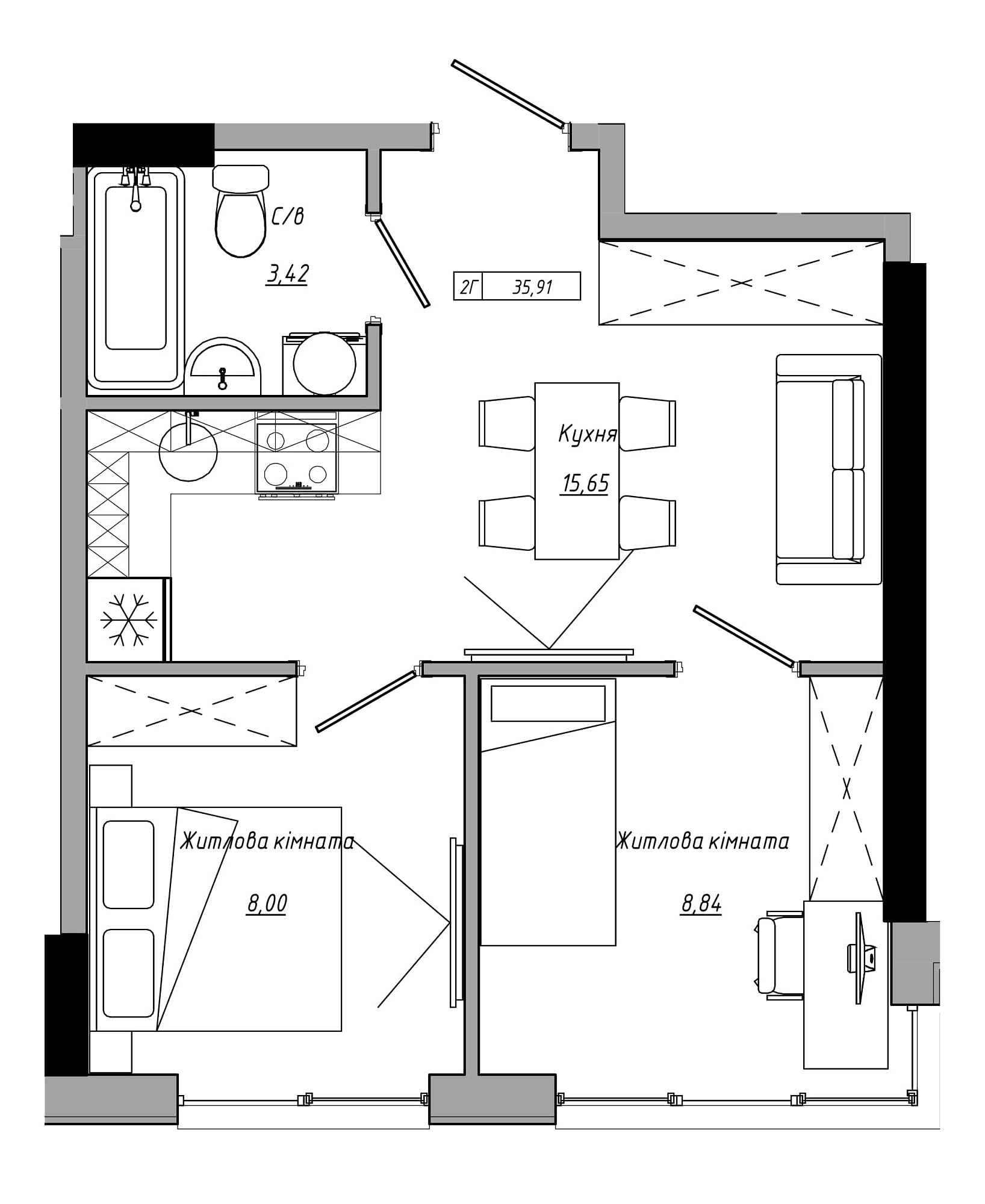 Планування 2-к квартира площею 35.91м2, AB-21-07/00019.