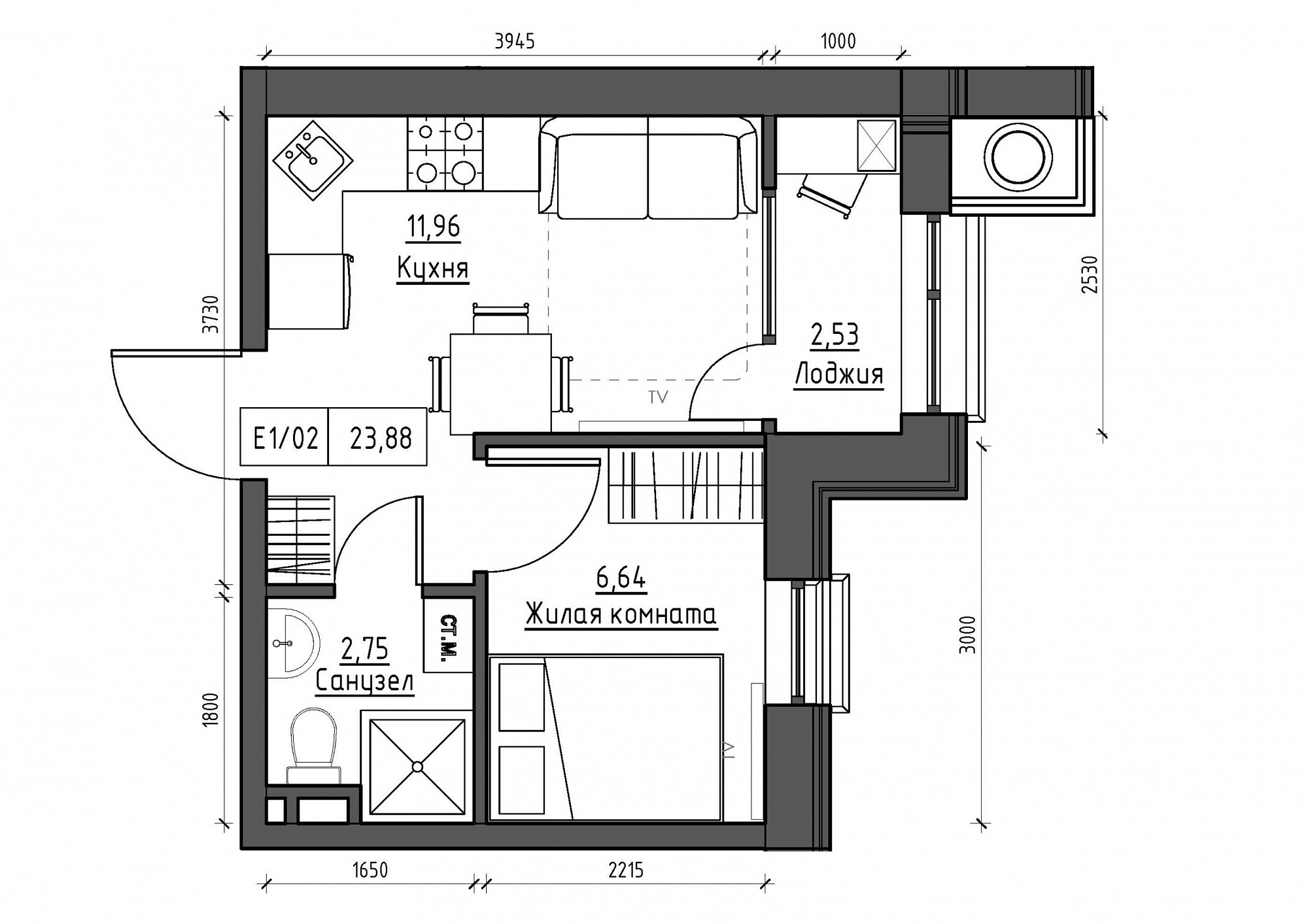 Планування 1-к квартира площею 23.88м2, KS-012-01/0015.