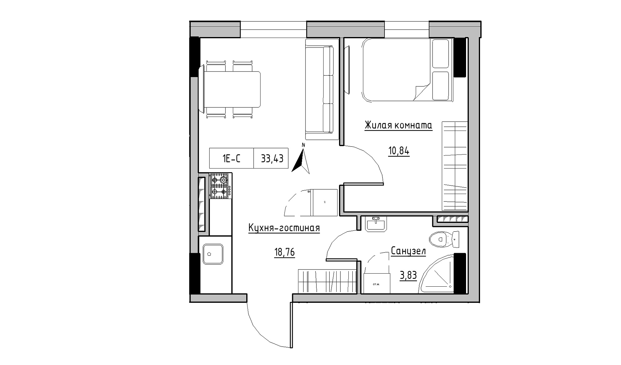 Планировка 1-к квартира площей 33.43м2, KS-025-04/0010.
