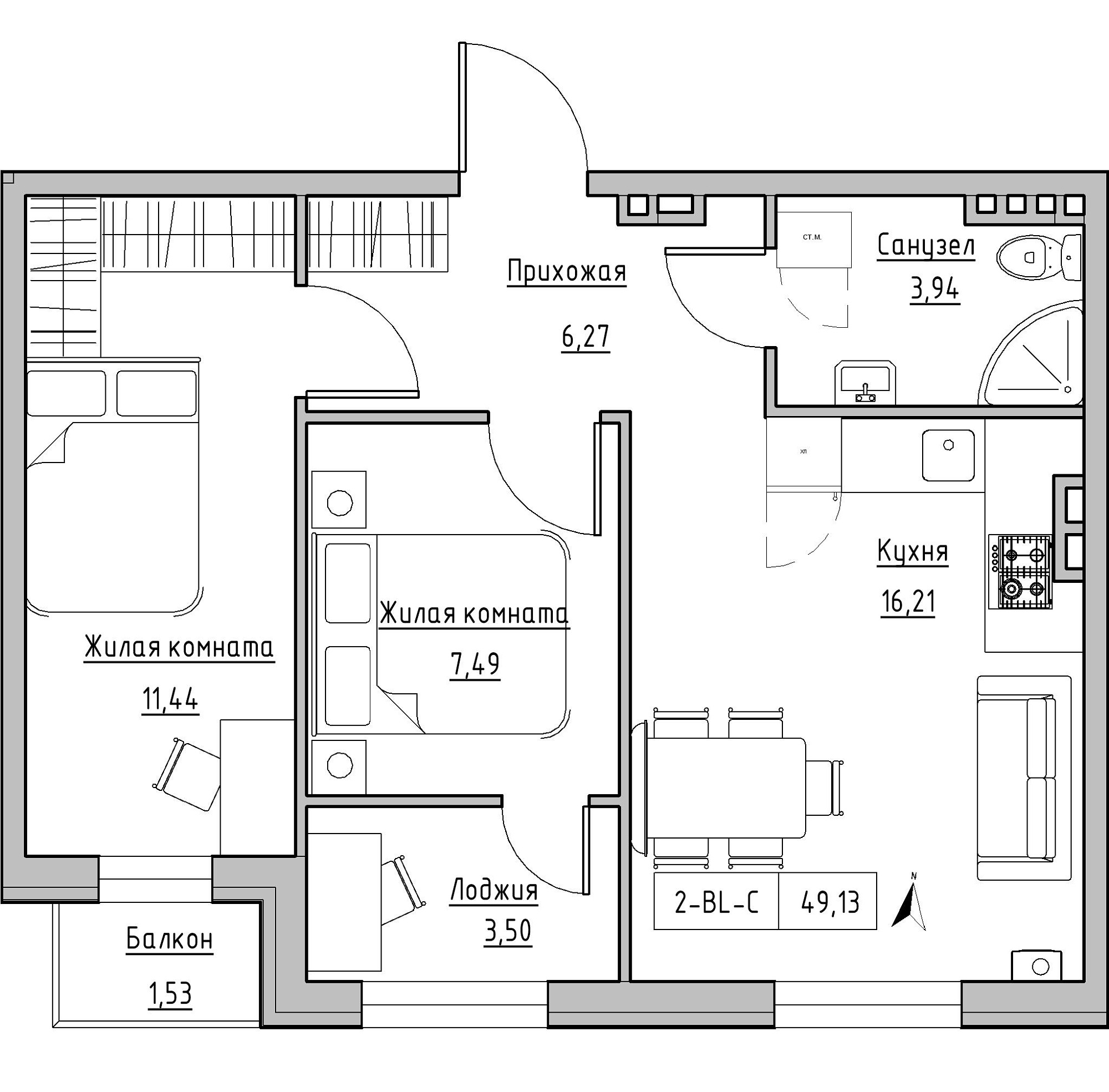 Планировка 2-к квартира площей 49.13м2, KS-024-03/0009.
