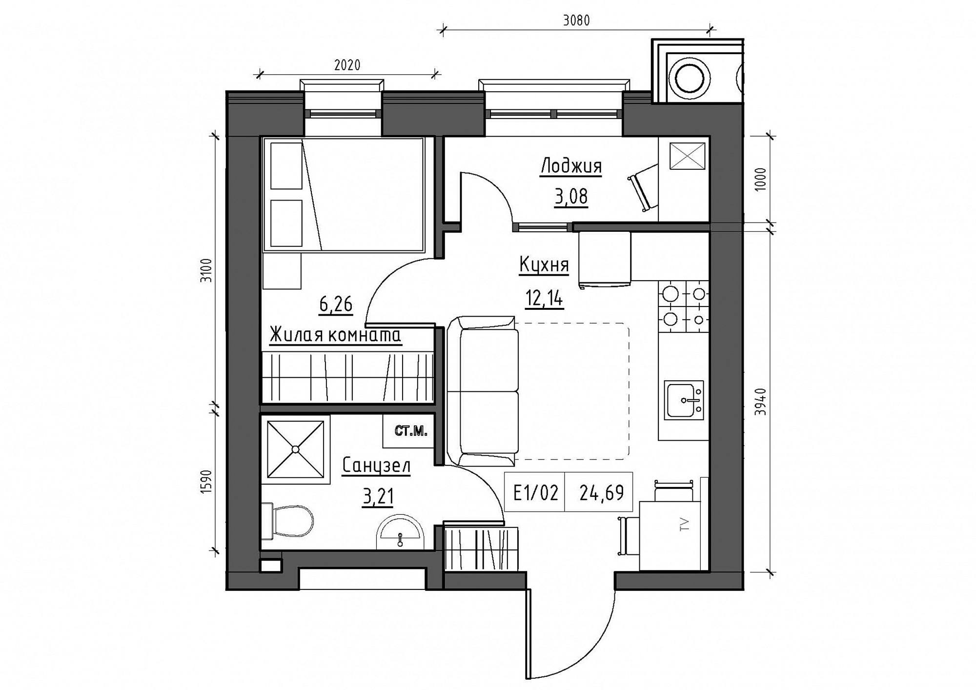Планування 1-к квартира площею 24.69м2, KS-011-04/0014.