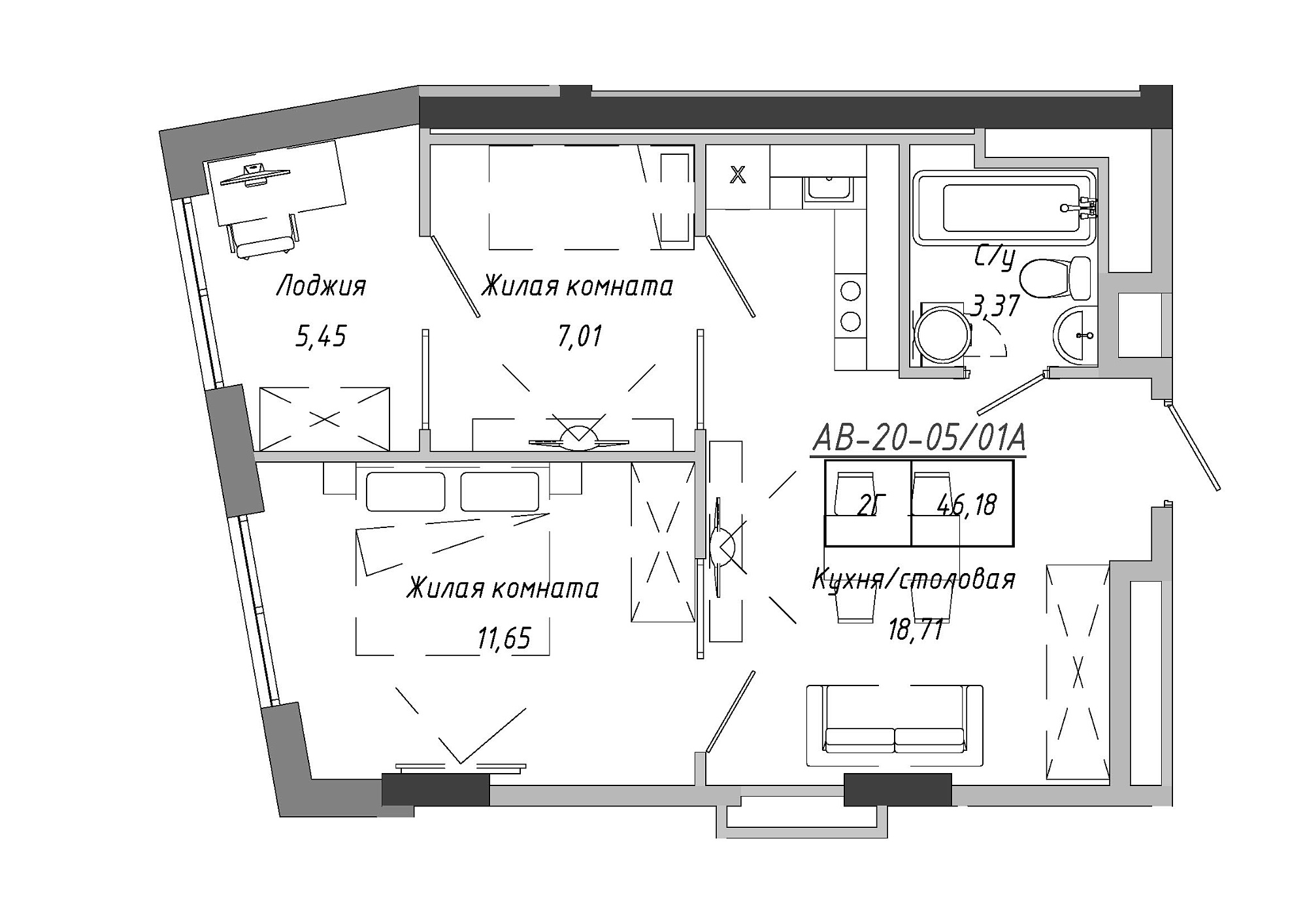 Планування 2-к квартира площею 45.99м2, AB-20-05/0001а.