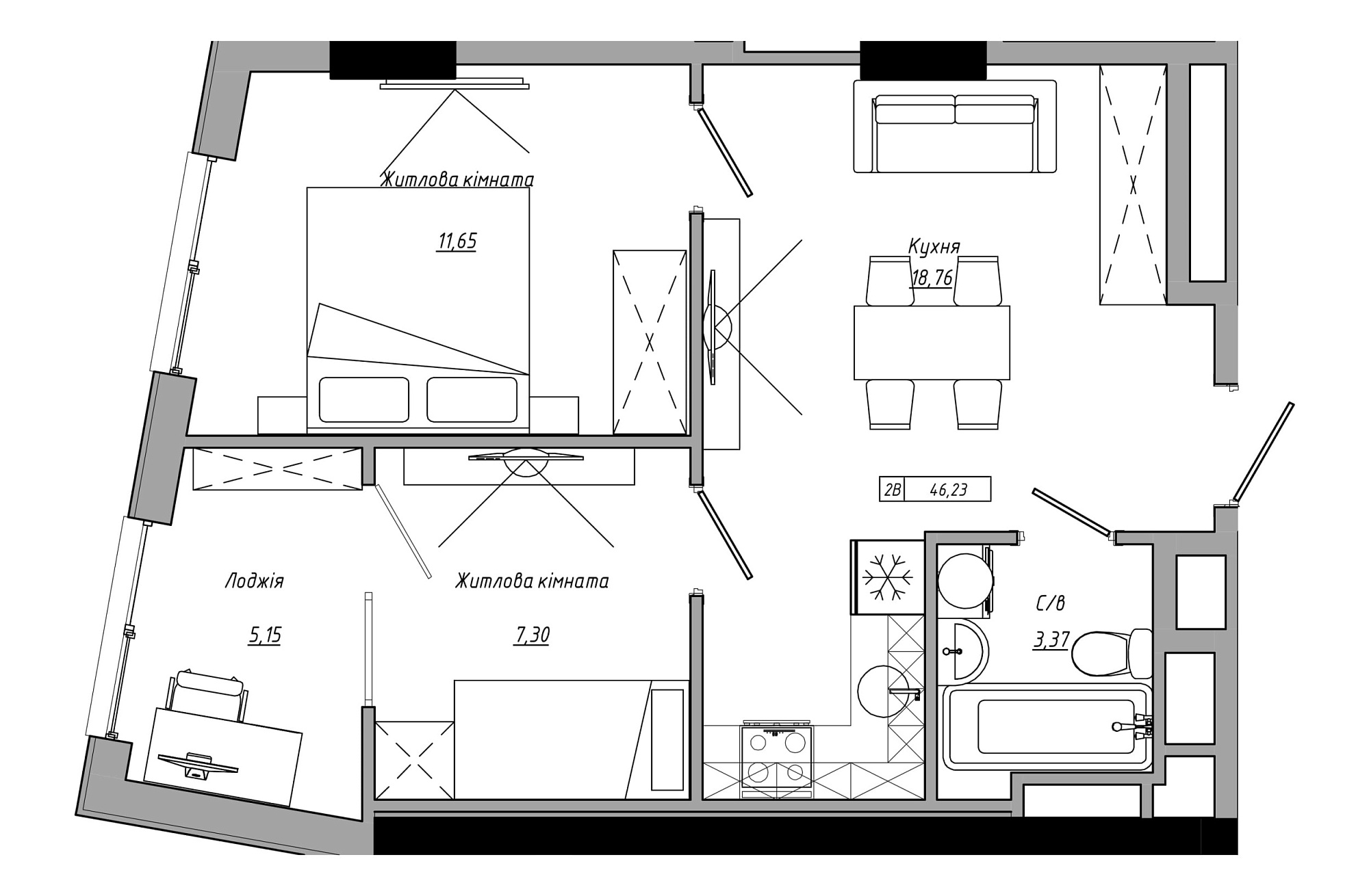 Планування 2-к квартира площею 46.23м2, AB-21-05/00008.
