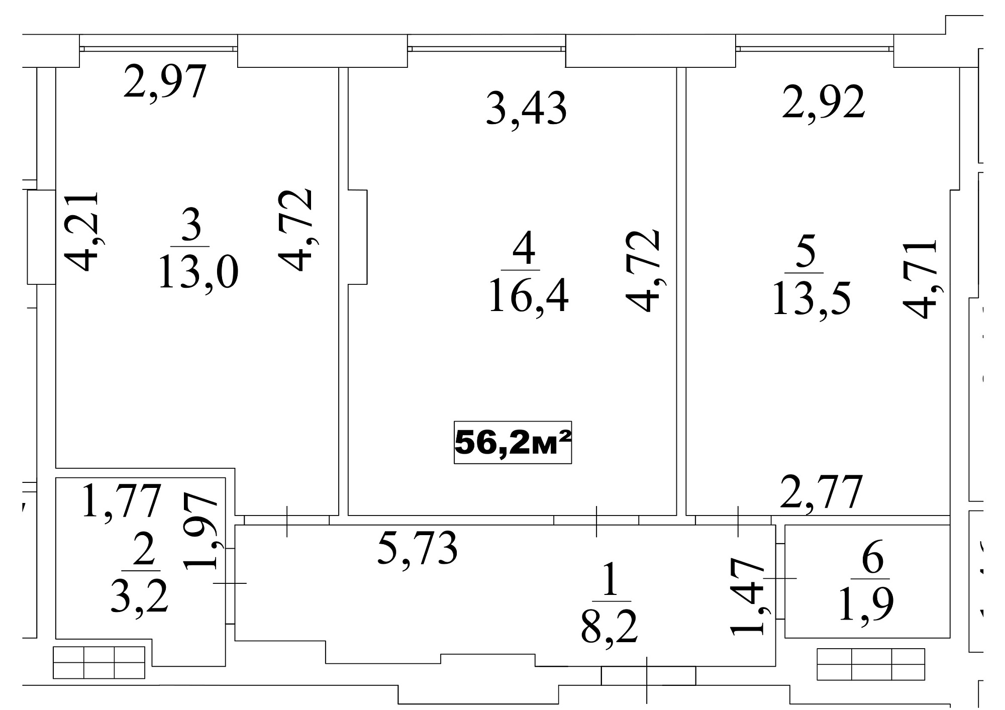 Планировка 2-к квартира площей 56.2м2, AB-10-05/00040.