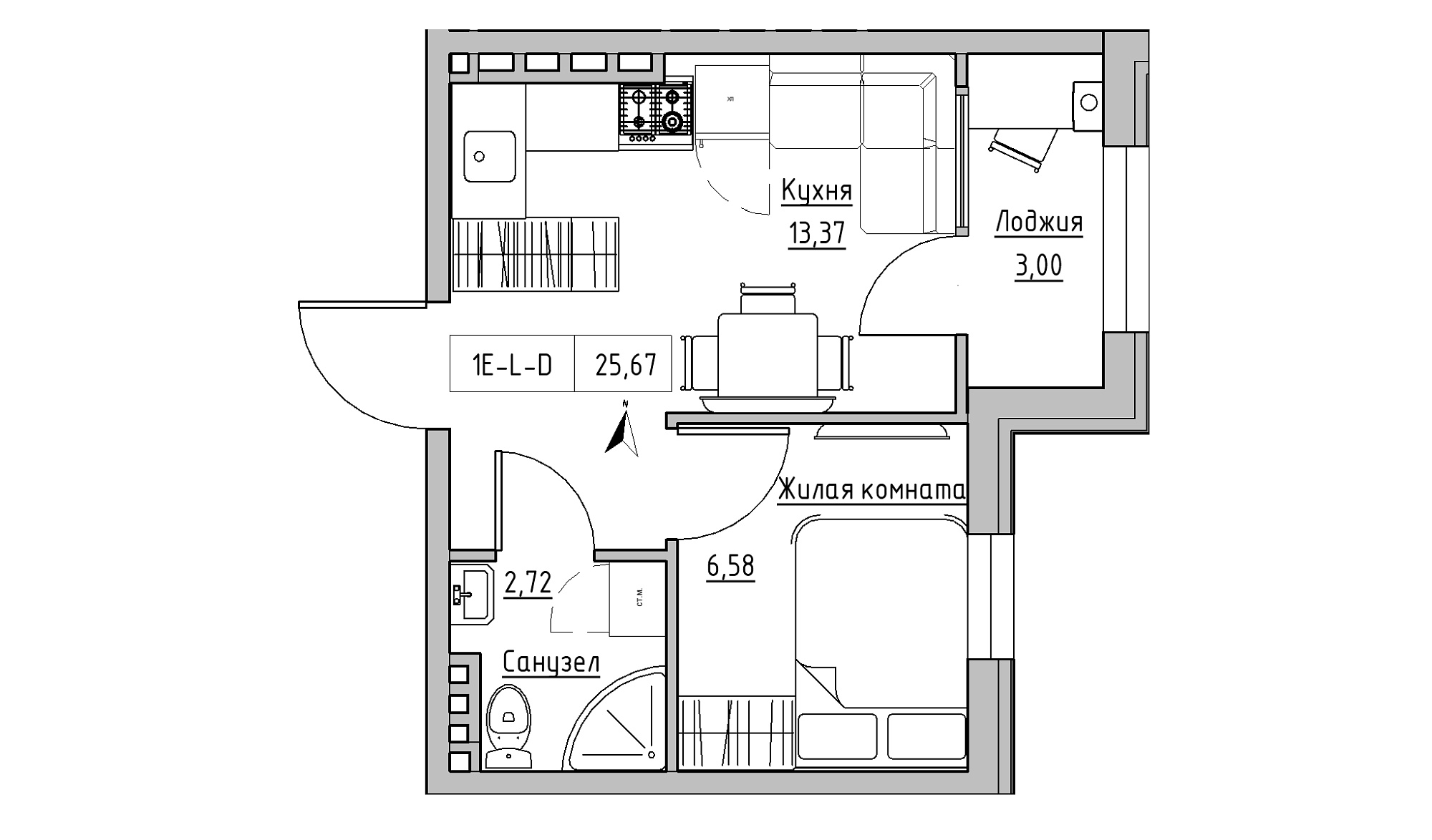 Планування 1-к квартира площею 25.67м2, KS-024-05/0018.