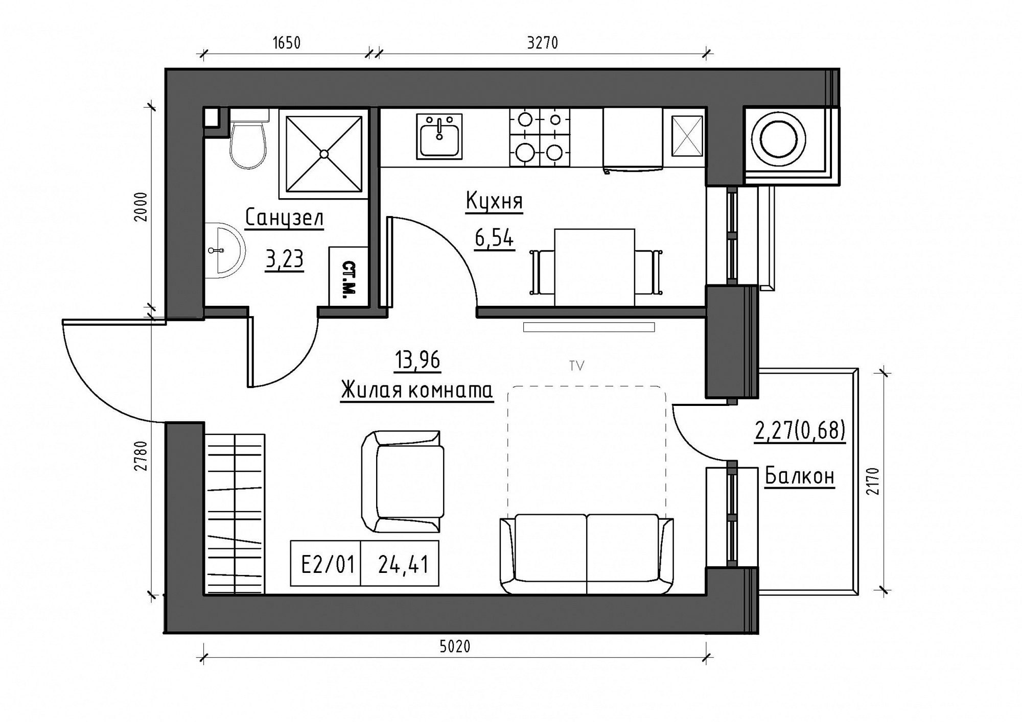 Планування 1-к квартира площею 24.41м2, KS-011-04/0007.
