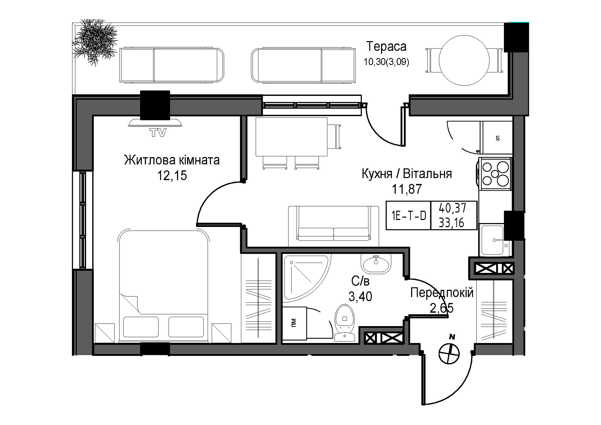 Планировка 1-к квартира площей 33.16м2, UM-007-06/0002.