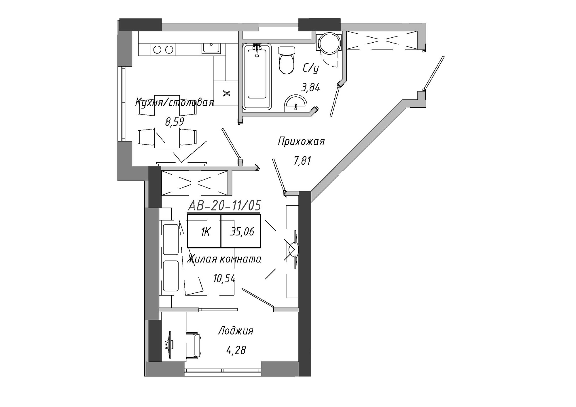Планировка 1-к квартира площей 33.55м2, AB-20-11/00005.