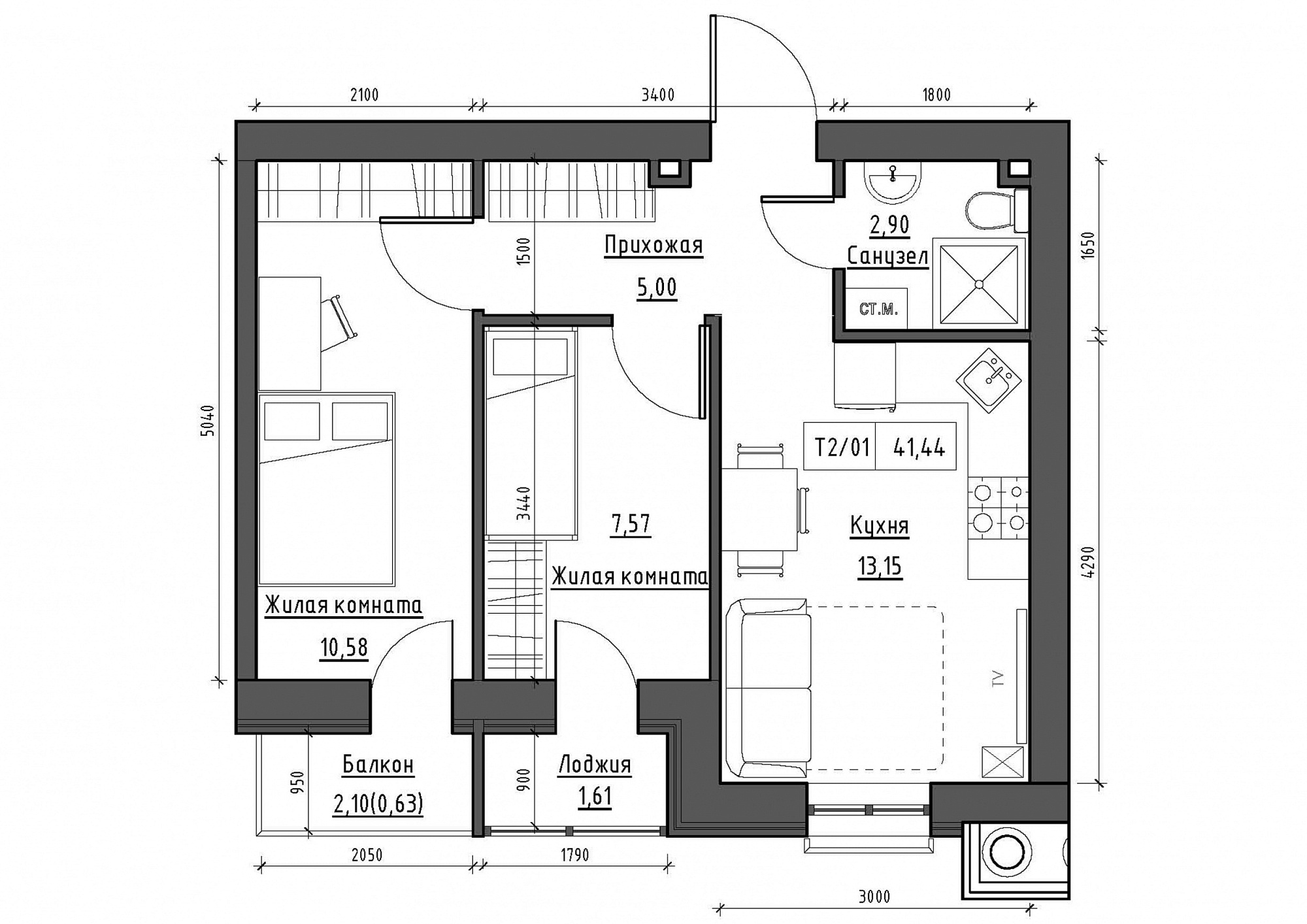 Планировка 2-к квартира площей 41.44м2, KS-011-04/0011.