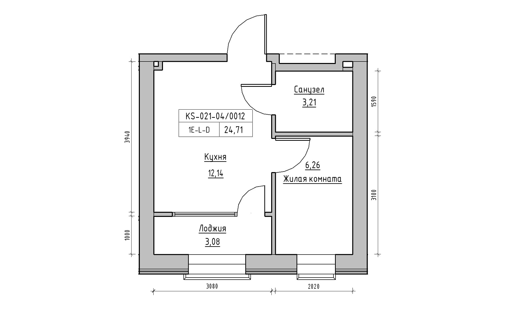 Планування 1-к квартира площею 24.71м2, KS-021-04/0012.