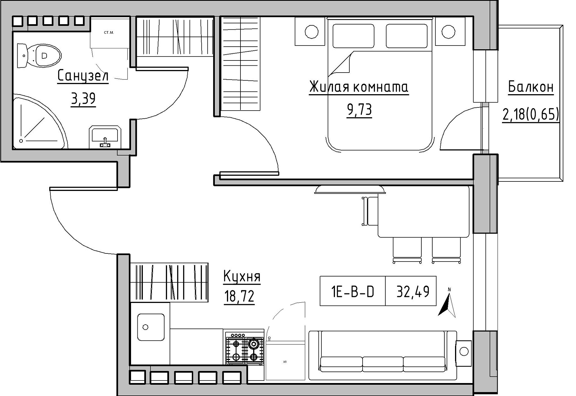 Planning 1-rm flats area 32.49m2, KS-024-05/0016.