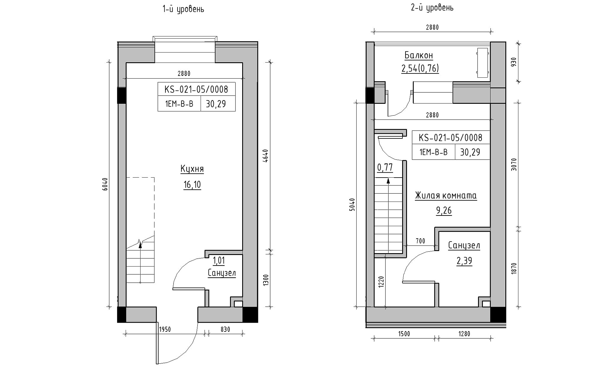 Planning 2-lvl flats area 30.29m2, KS-021-05/0008.