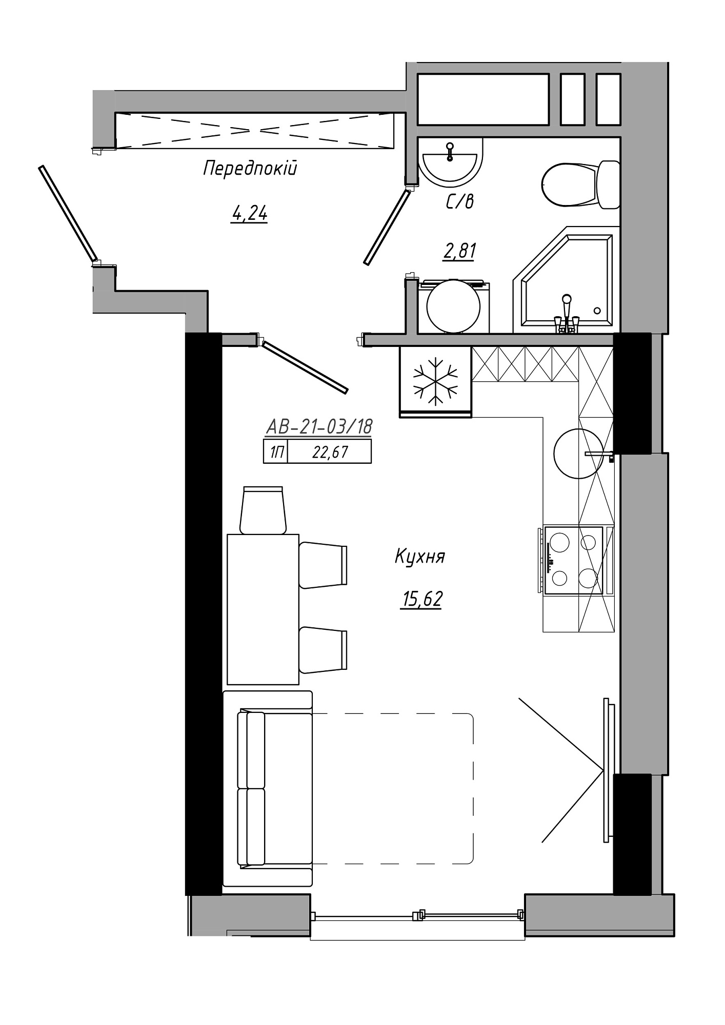 Планування Smart-квартира площею 22.67м2, AB-21-03/00018.